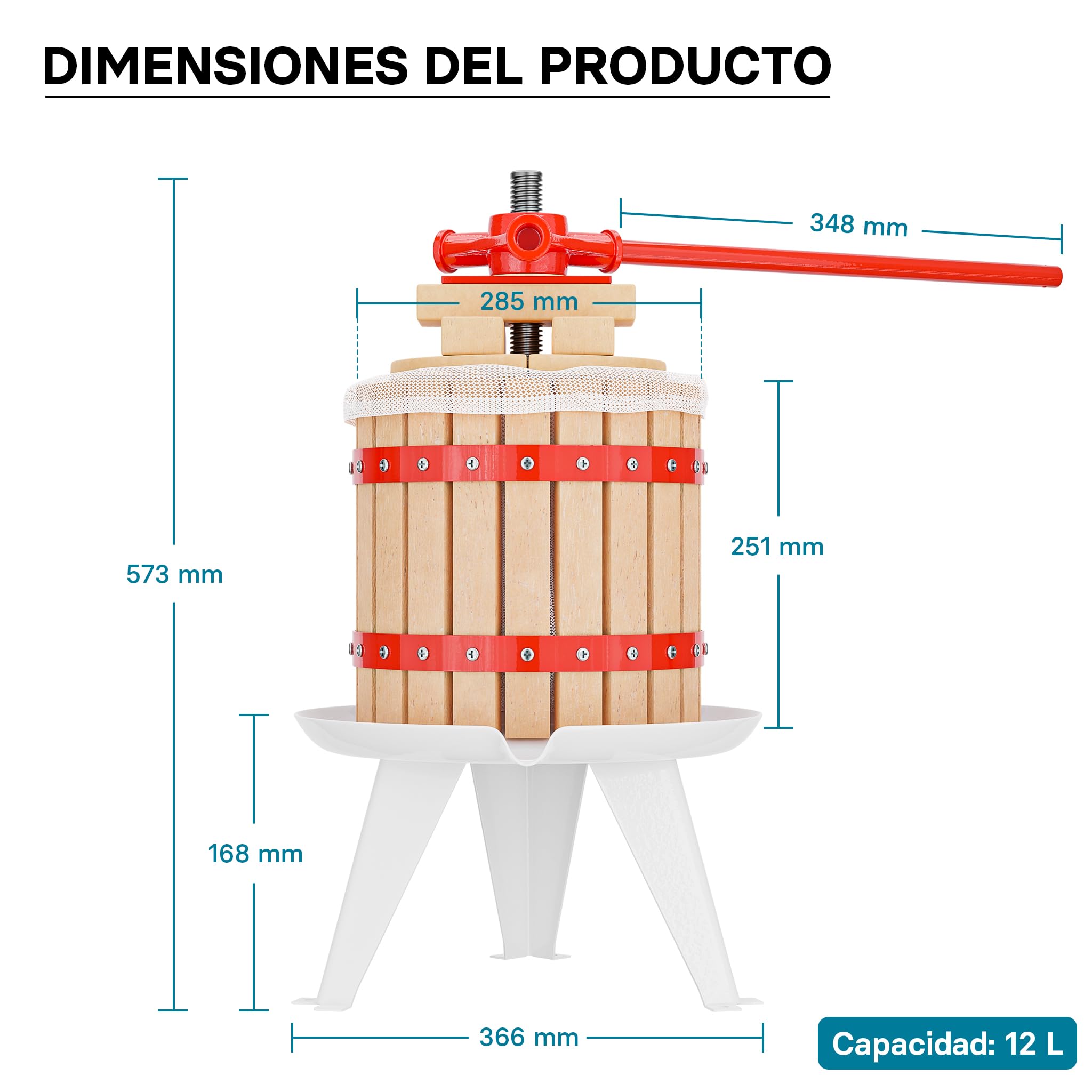 WilTec Prensa en Madera para Frutas, Mosto, Vino, Manzanas con Capacidad de 12 litros con Bolsa para Pulpa