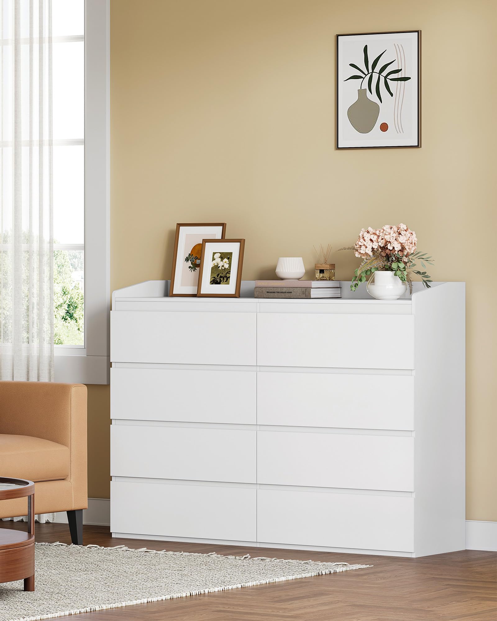 Hzuaneri Cassettiera, 8 cassetti, Mobile Laterale con Piano di Lavoro, Armadietto con Corrimano Superiore, Mobile Ingresso, Stile Moderno, Adatto per Soggiorno, Camera da Letto, Bianco DC32903X
