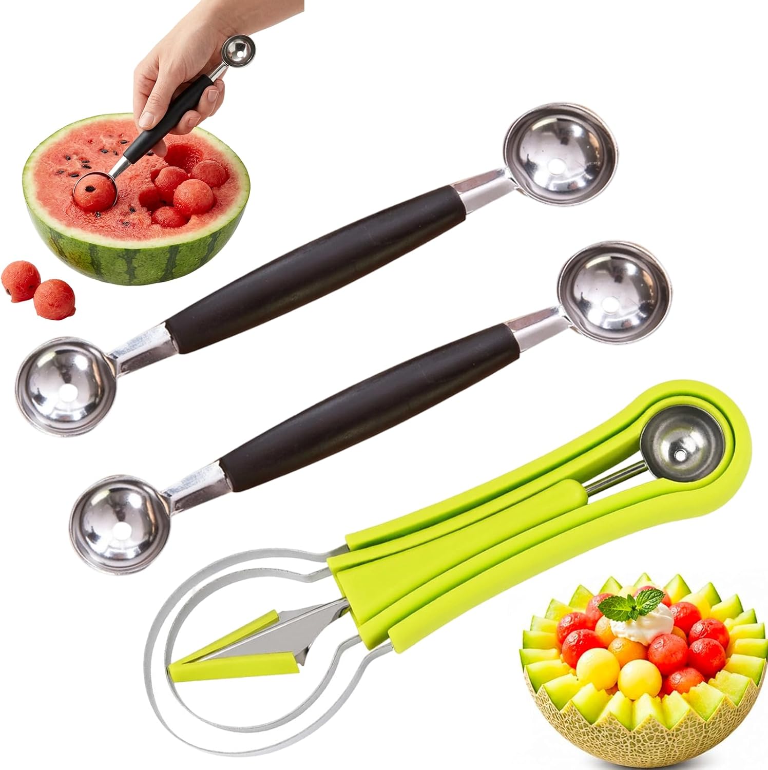 Melon Baller Scoop, Stainless Steel Dual-End Fruit Baller Scoop, Professional 3-in-1 Fruit Carving and Scooping Kit, Melon Balls Scooper for Watermelon, Ice Cream, Fruits, Sorbet and Meatballs