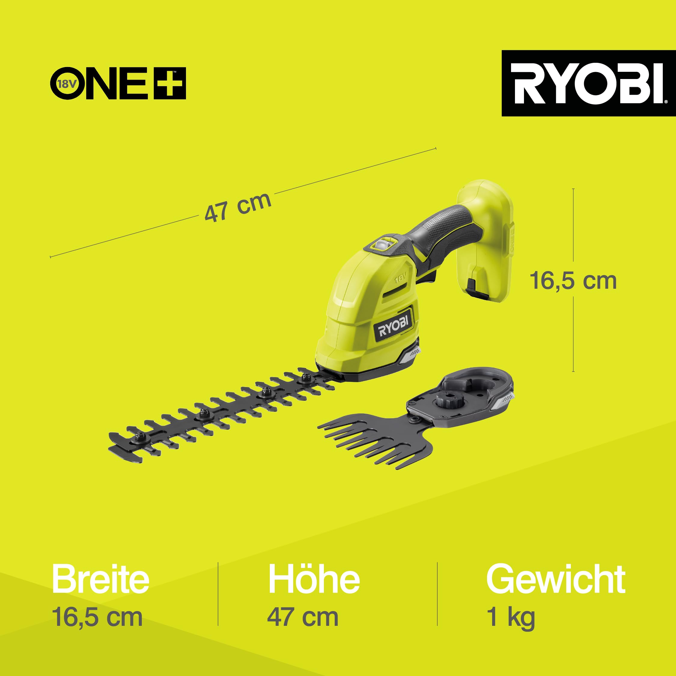 RYOBI 18 V ONE+ Akku-Gras- und Strauchschere RY18GSA-0 (Grasscherenmesser 12 cm breit, Strauchmesser 20 cm lang, werkzeuglose Messertausch, ohne Akku & Ladegerät im Karton)