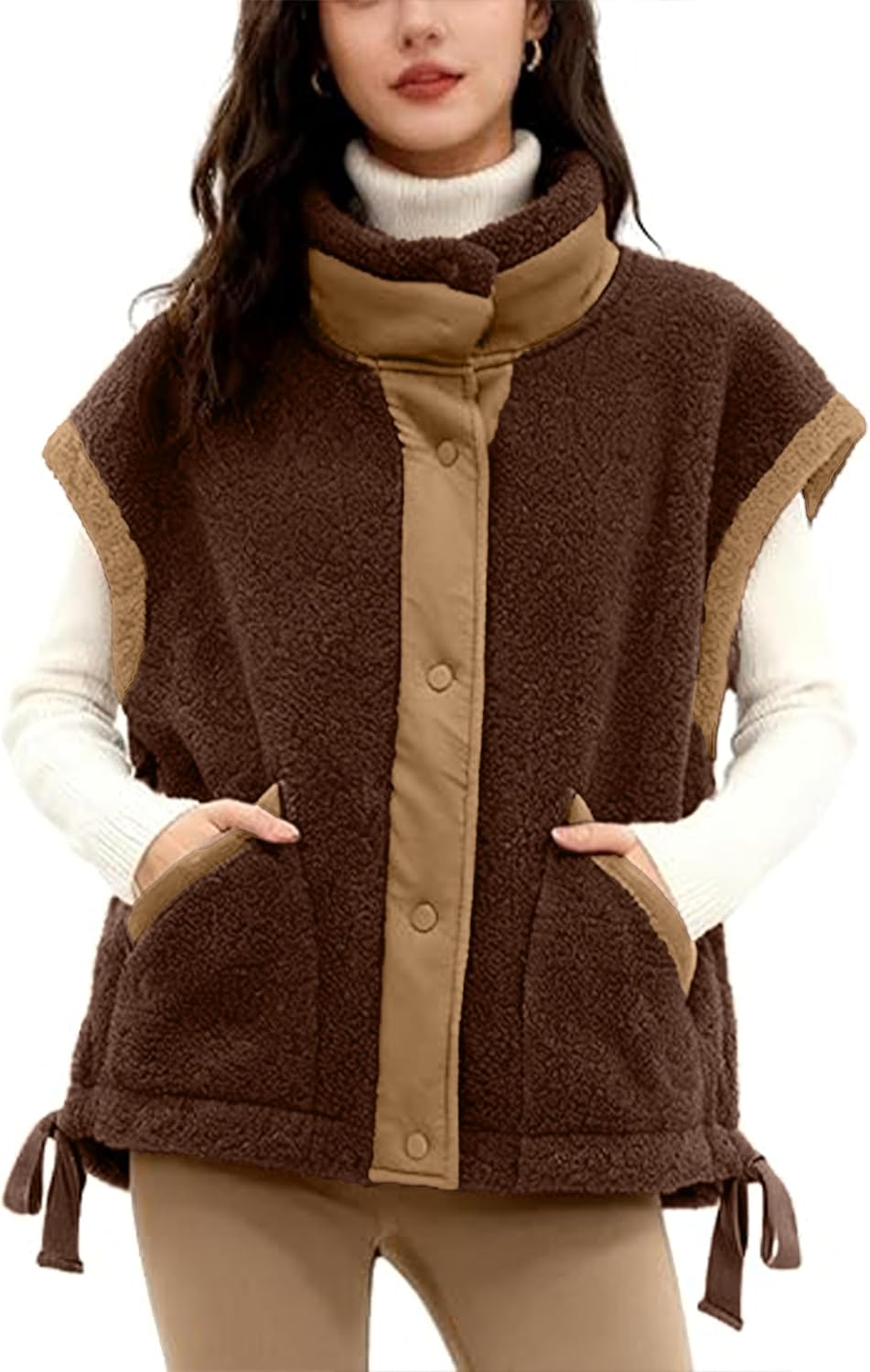 Womens Sherpa Vests Fuzzy Oversized Mock Neck Vest Button Down Winter Warm Clothes