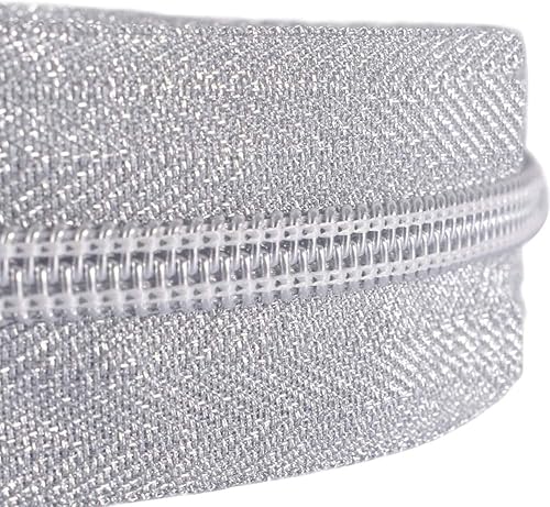 Miniatura 2 de Cremallera por Yarda 5# - Bobina Metálica de Nailon para Coser, Tapicería Plateada de 5 Yardas con 10 Tiradores de Oro Blanco para Manualidades