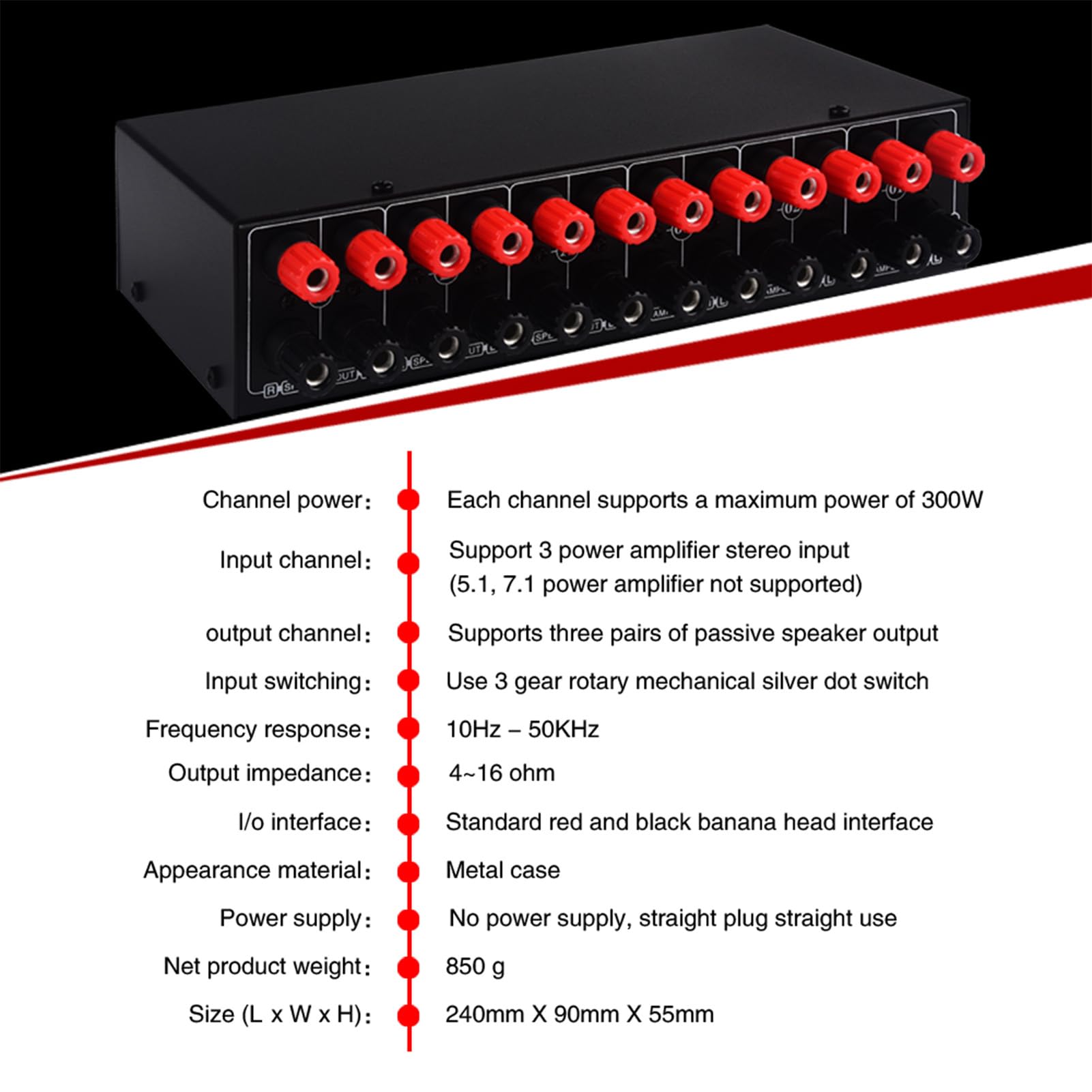 Selettore Altoparlante 3 Ingressi 3 Uscite, Commutatore Audio Amplificatore da 300 W per Canale, con Selettore Ingresso Uscita Manuale per Stereo Domestico