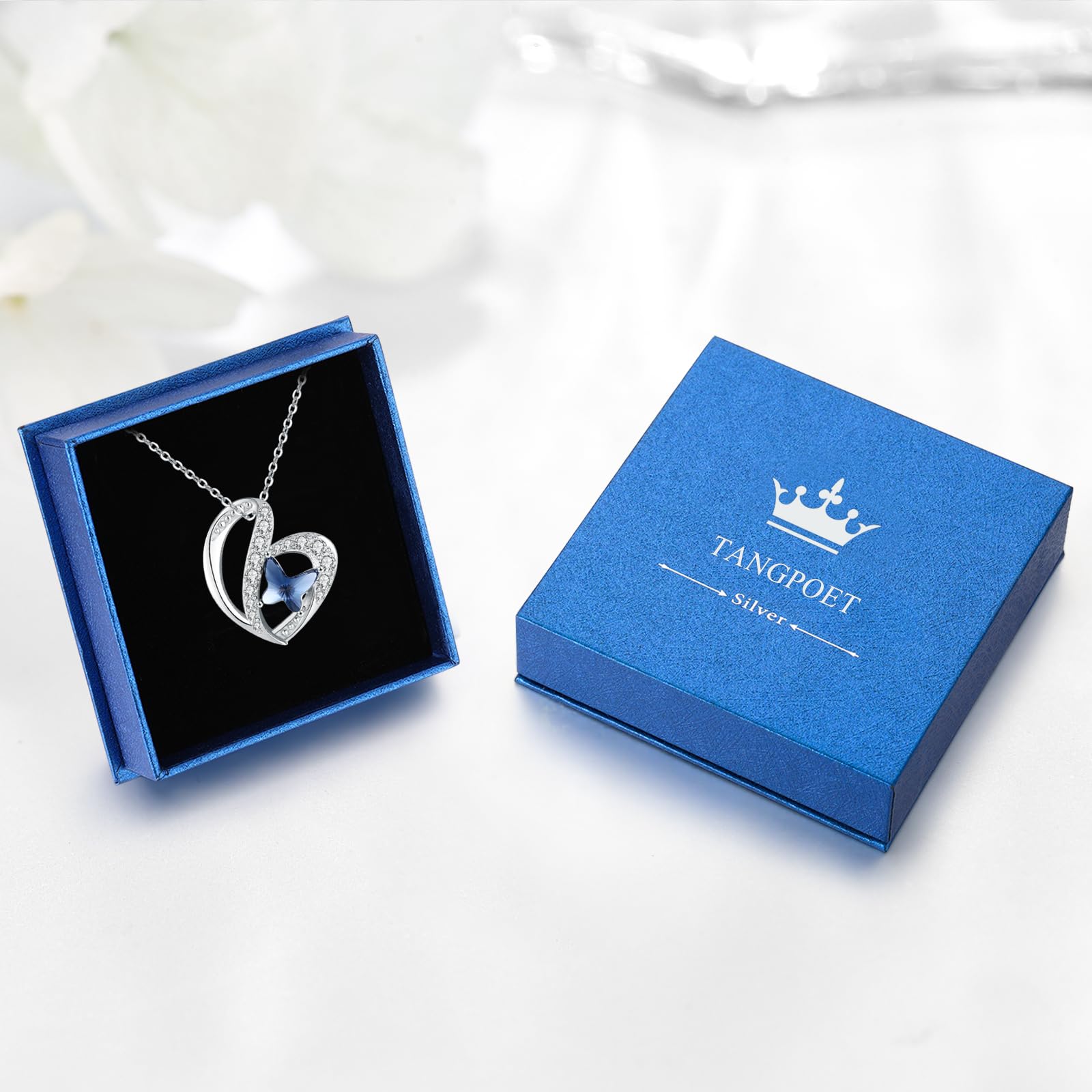 TANGPOET Cadena Collar de mariposa de plata de ley 925 con colgante de mariposa de cristal, joyería de cumpleaños para mujeres y niñas, Plata esterlina