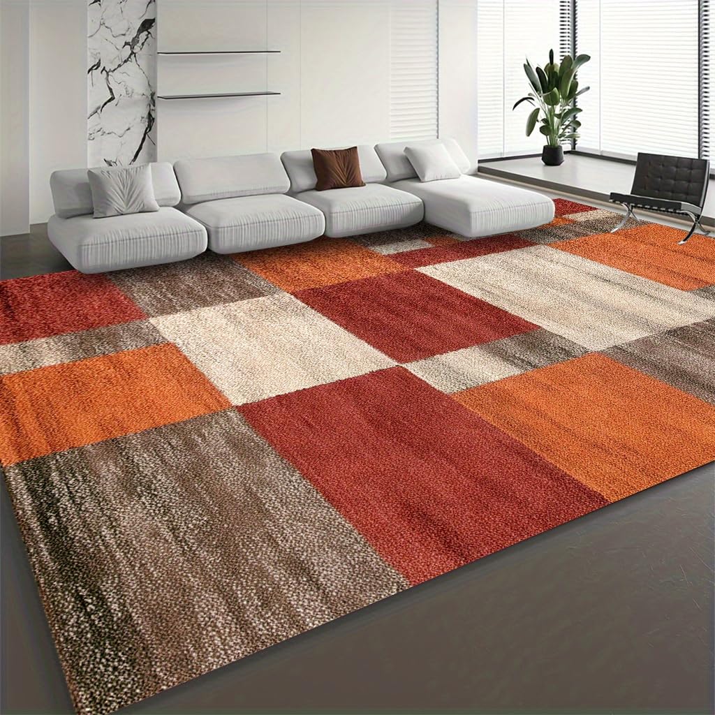 Tapis Géométriques pour Salon Poils Courts - Motif Abstrait Marron Et Rouge Salon Tapis Patchwork Carré Minimaliste Et Moderne en Couleurs Rouge, Orange, Gris Et Blan(160x235cm/color)