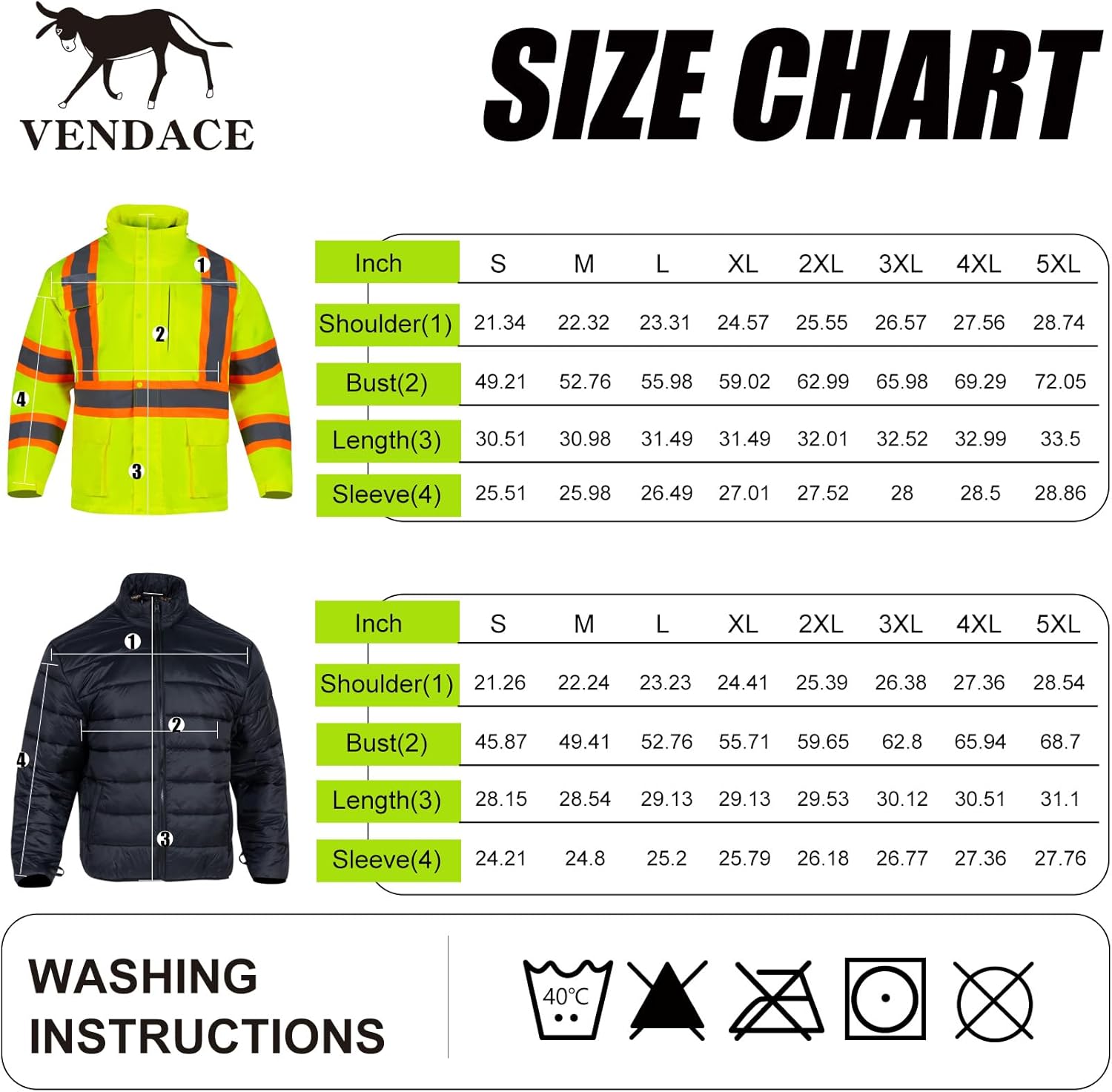 VENDACE 3 in 1 Hi Vis Reflective Safety Jackets for Men Waterproof Class 3 High Visibility Work Jacket with Padded Liner