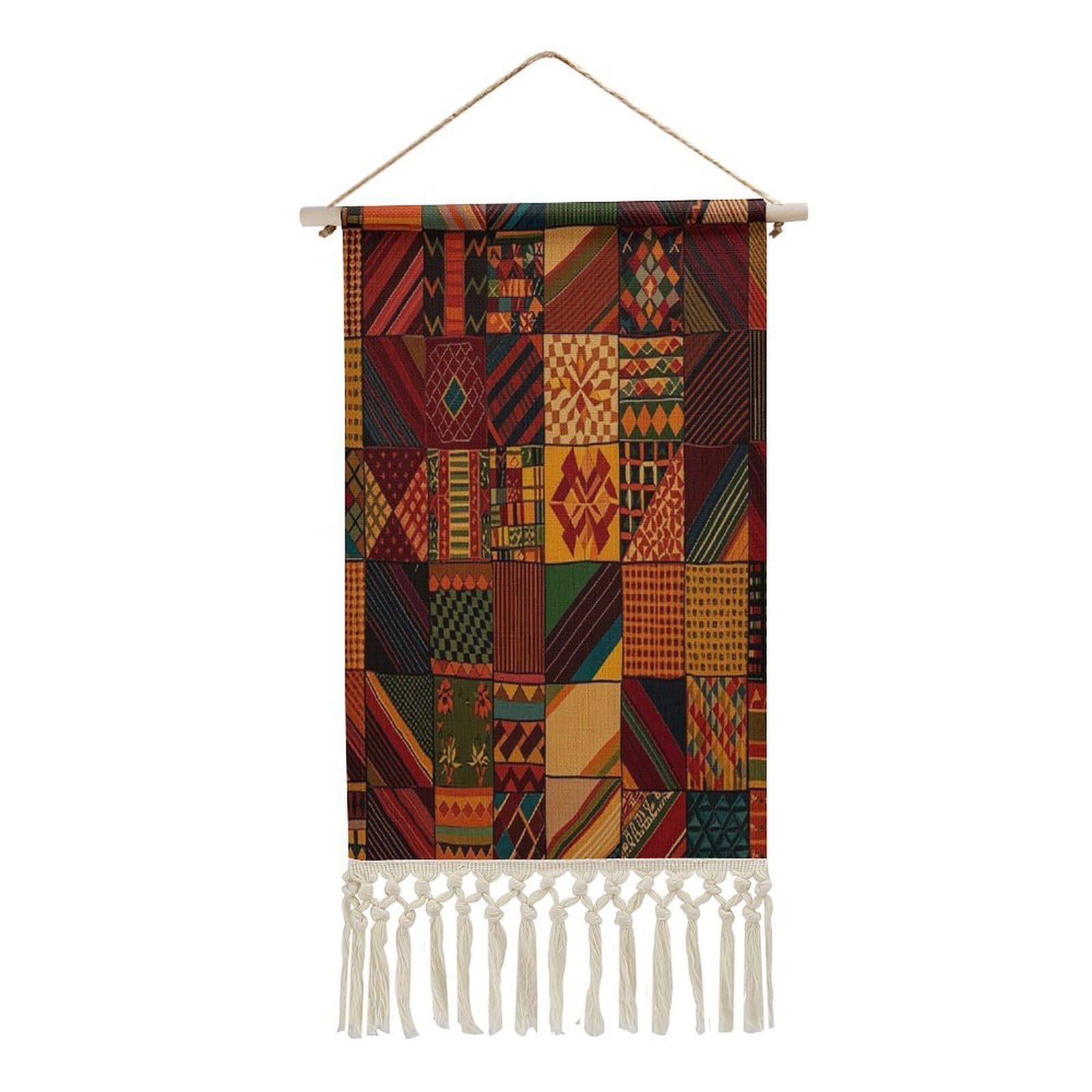 FekiLoot African Style Patchwork Wall Art Print Decor Art Tapestry with Tassel Cotton Linen Hanging Poster Vintage Aesthetic Wall Art Poster Rustic Wall Art Decor for Home Bedroom Living Room Office