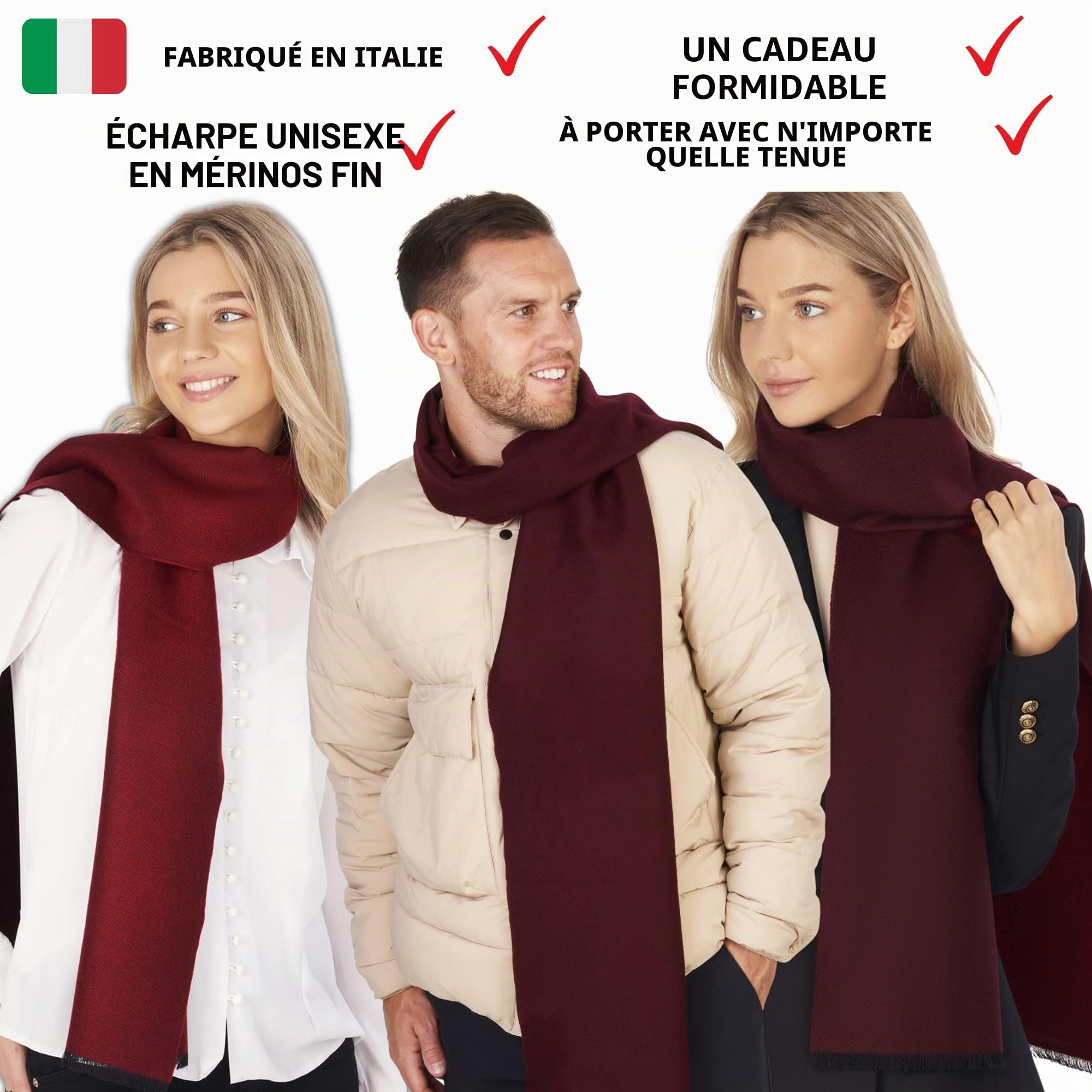 LOVARZI Écharpe en laine fine mérinos - Écharpes d'hiver pour homme et femme - Fabriquée en Italie