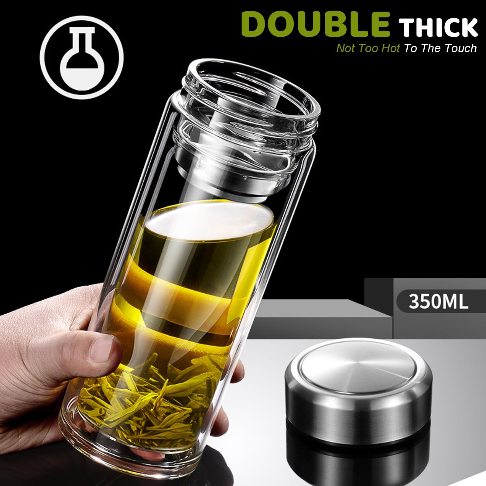 Teebecher mit Teesieb, 340.2 g Teeflasche mit Teesieb, kleine doppelwandige Teeflasche aus Borosilikatglas, 100% auslaufsicher, mit Edelstahlfilter, 350 ml