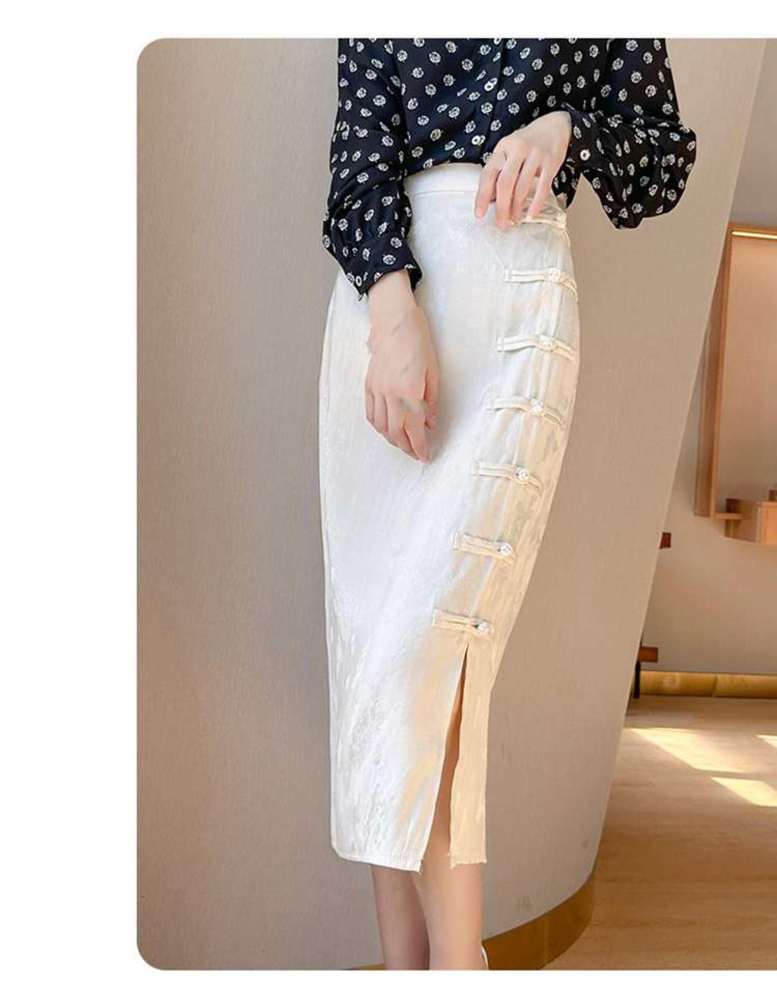 Jupe Droite en Satin De Soie pour Femme - Été Mi-Longue Taille Haute Jacquard Rétro Style Chinois Boucle Cheongsam Jupe Fendue À La Hanche, Jupe Drapée Souple Et Soyeuse À La Mode,Blan