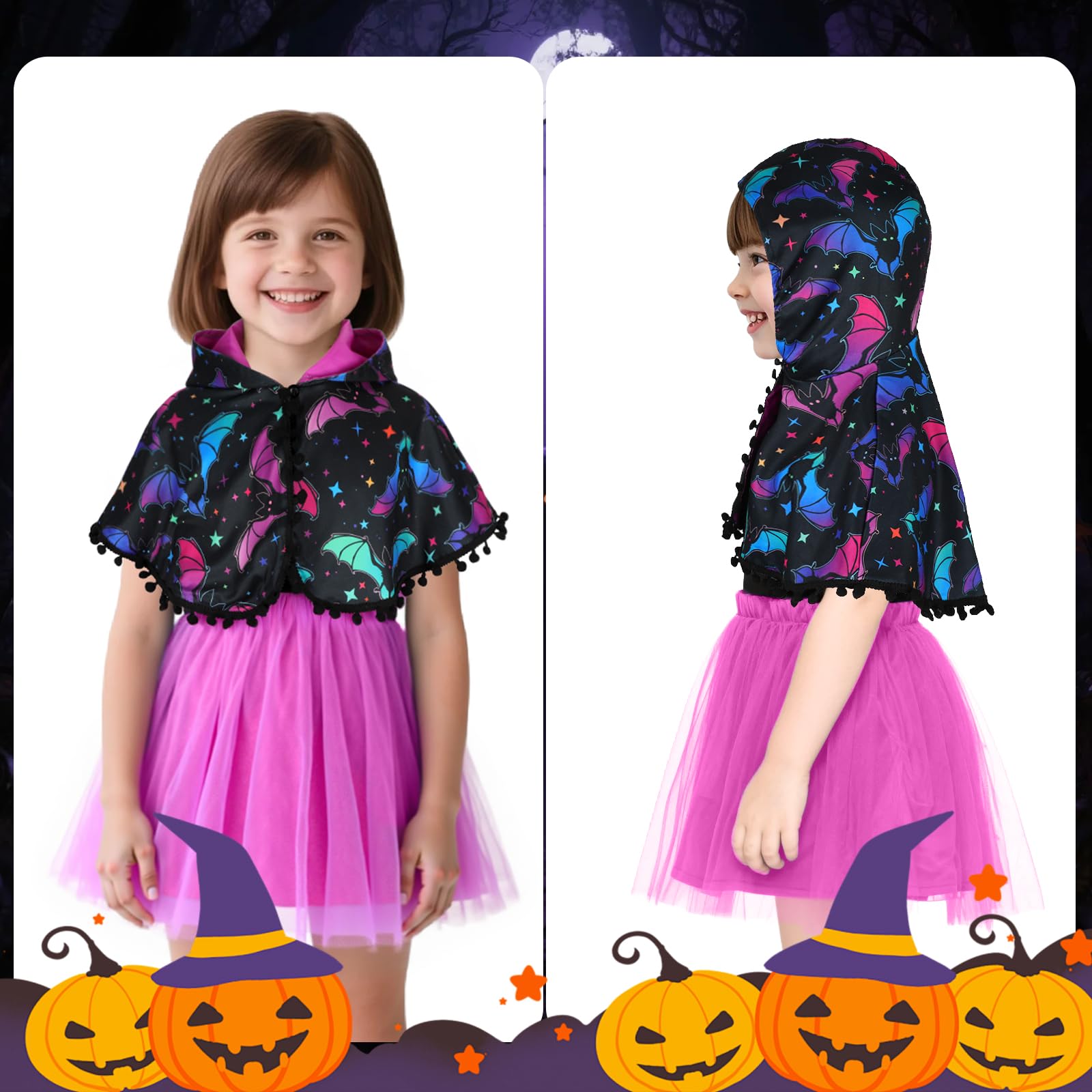 TAGVO Costume da Strega Halloween per Bambina, Ragazze Principessa Vestito Strega Viola Poncho Cappuccio Capo Paillettes Tulle Abiti serbatoio per bambini Halloween fantasia vestire per 1-6 anni