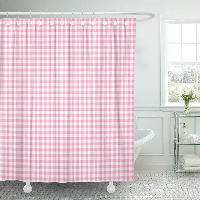 Pink Gingham Shower Curtain - Waterproof Polyester Fabric with Hooks
