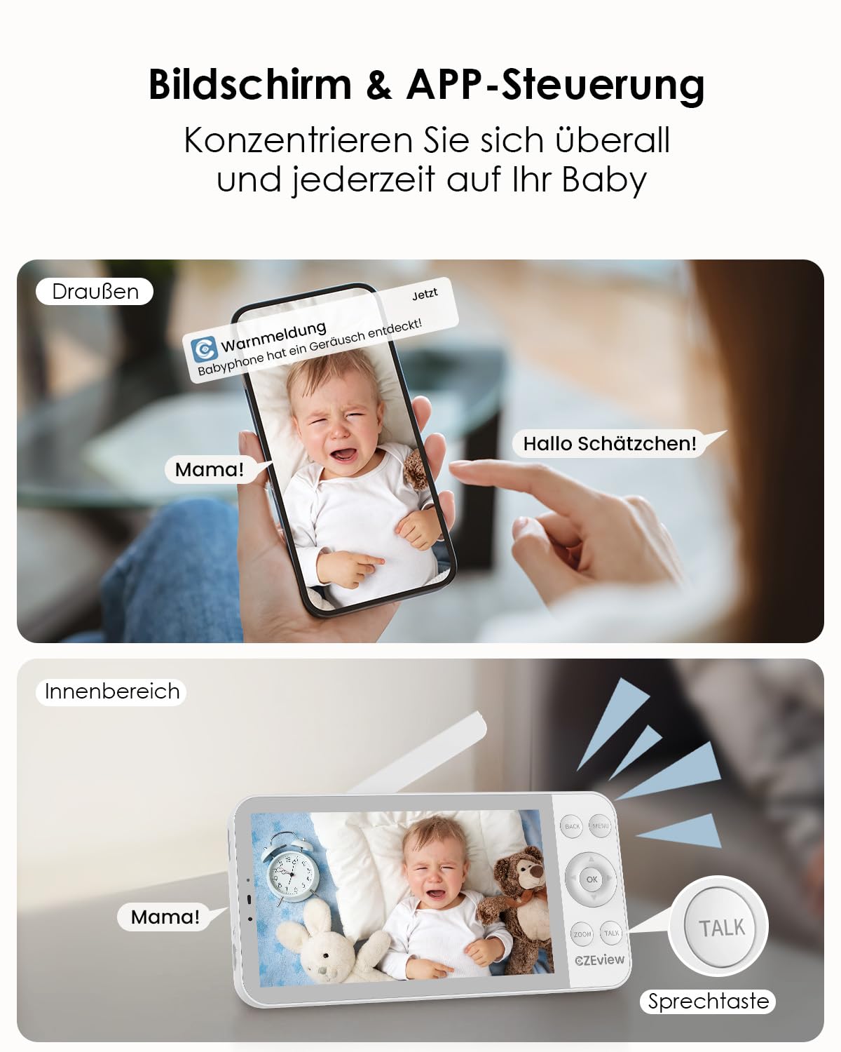 CZEview Babyphone mit Kamera 2.5K & 5.5-Zoll-HD-Großbildschirm, Nachtsicht, 360° WLAN Video Babyfon mit App, Musik & Buntes Nachtlicht, Intelligente Erkennung (Weiß mit 1 Kamera) | Superklar, Nachtsicht, Zwei-Wege-Audio, Schlaflieder, Temp.-Sensor, Schwen