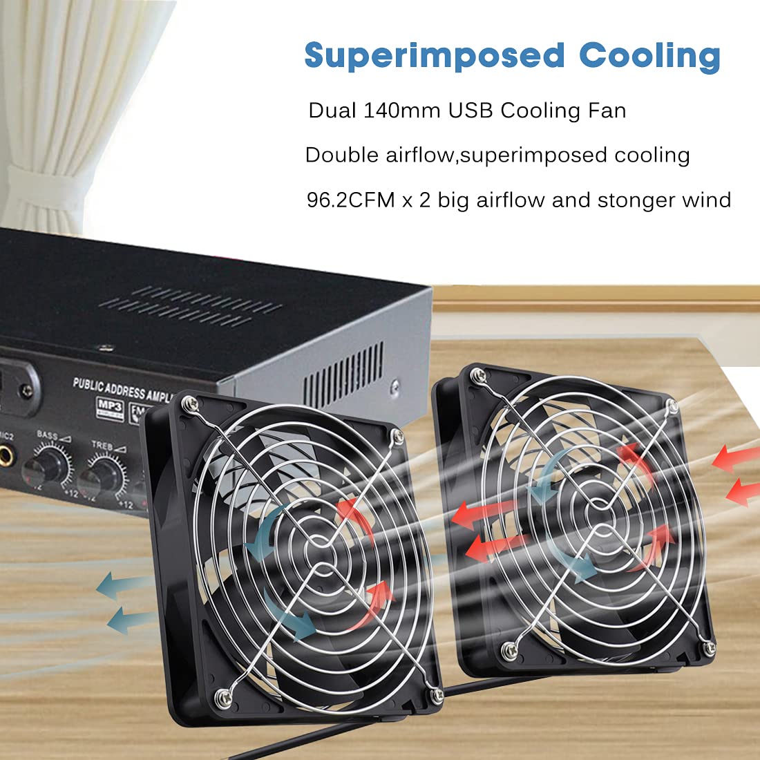 GDSTIME Ventilatore USB da 140 mm per computer da 140 mm x 25 mm ventola per PC doppia ventola da 14 cm 2 in 1 ventola di raffreddamento da 1500 giri/min per Xbox PS4 TV Box amplificatore router