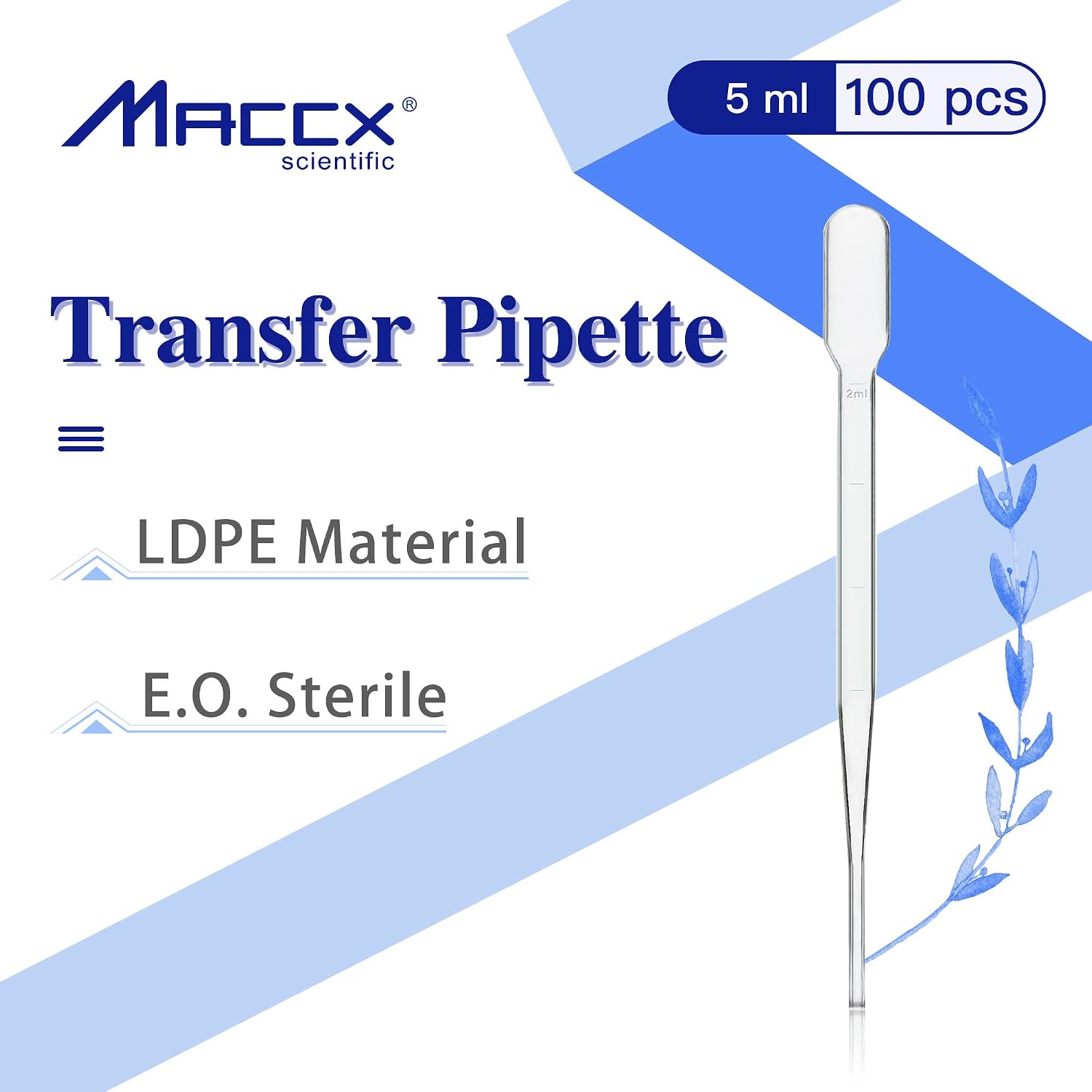 100pcs Sterile Transfer Pipettes, Vol. 5ml, 2ml Graduated, 155mm Long, Essential Oils Pipettes, Low-Density Polyethylene Material, Individual Peel-Pack, TPP5155-100