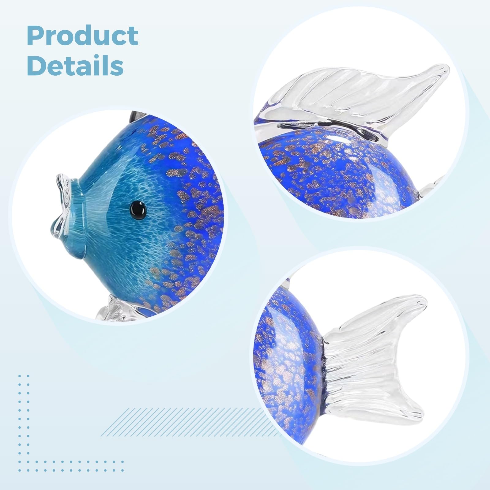 Figuras de peces de cristal azul, decoración del océano para el hogar, acento costero moderno, esculturas de vidrio de estilo nórdico, decoración artística de animales de cristal, 8.3 x 3.3 x 6.7 in