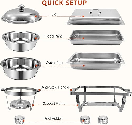 Miniatura 18 de Juego de 4 calentadores y calentadores de bufé de 8 cuartos de galón, juego completo de calentador de alimentos de acero inoxidable con bandeja