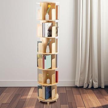 360° Rotating Bookshelf 6-Tier Removable Bookcase Wooden Spinning Bookshelf Multi-Functional Plants Storage Display Holder Stand