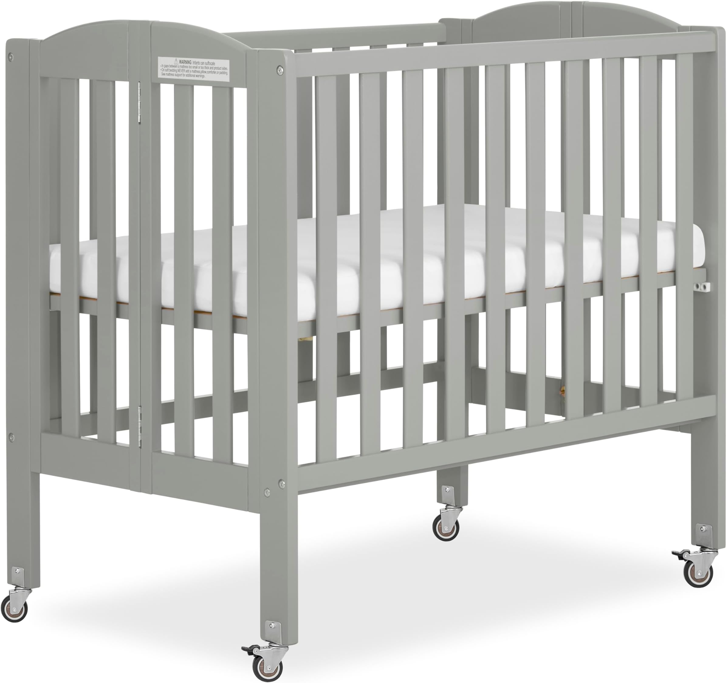 Dream On Me 2-in-1 Folding Portable Compact Mini Baby Crib in Cool Grey, GreenGuard Gold & BSA, US Patented Flat Folding System, Locking Wheels, 1″ Mattress Pad, Space-Saving Quck Fold Easy Storage