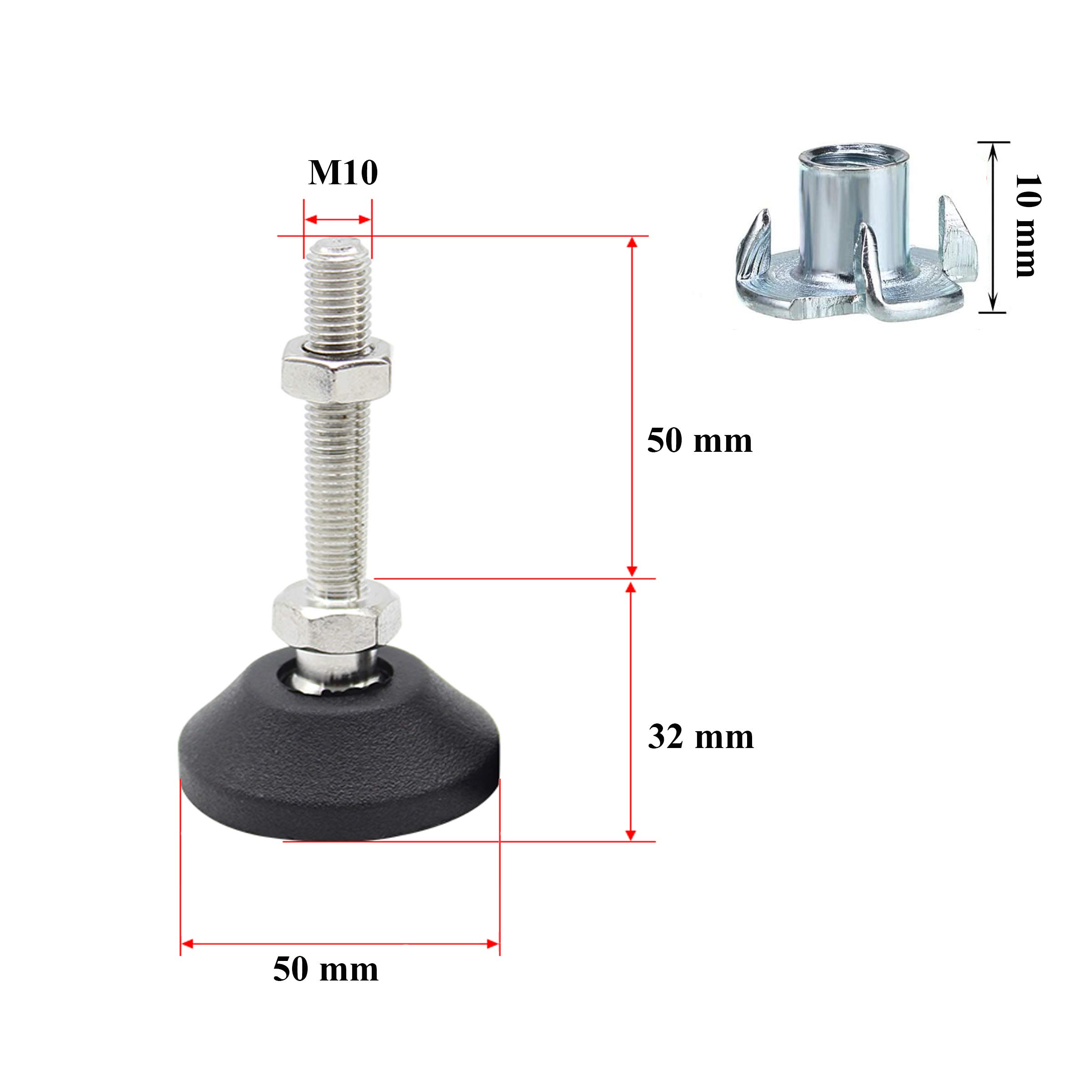 Drenky 8Pz M10x50 Regolabile in altezza piedini per mobili macchinari per mobili di medie dimensioni con filettatura maschio, piedini di livellamento con dadi a T e dadi, base in plastica antiscivolo