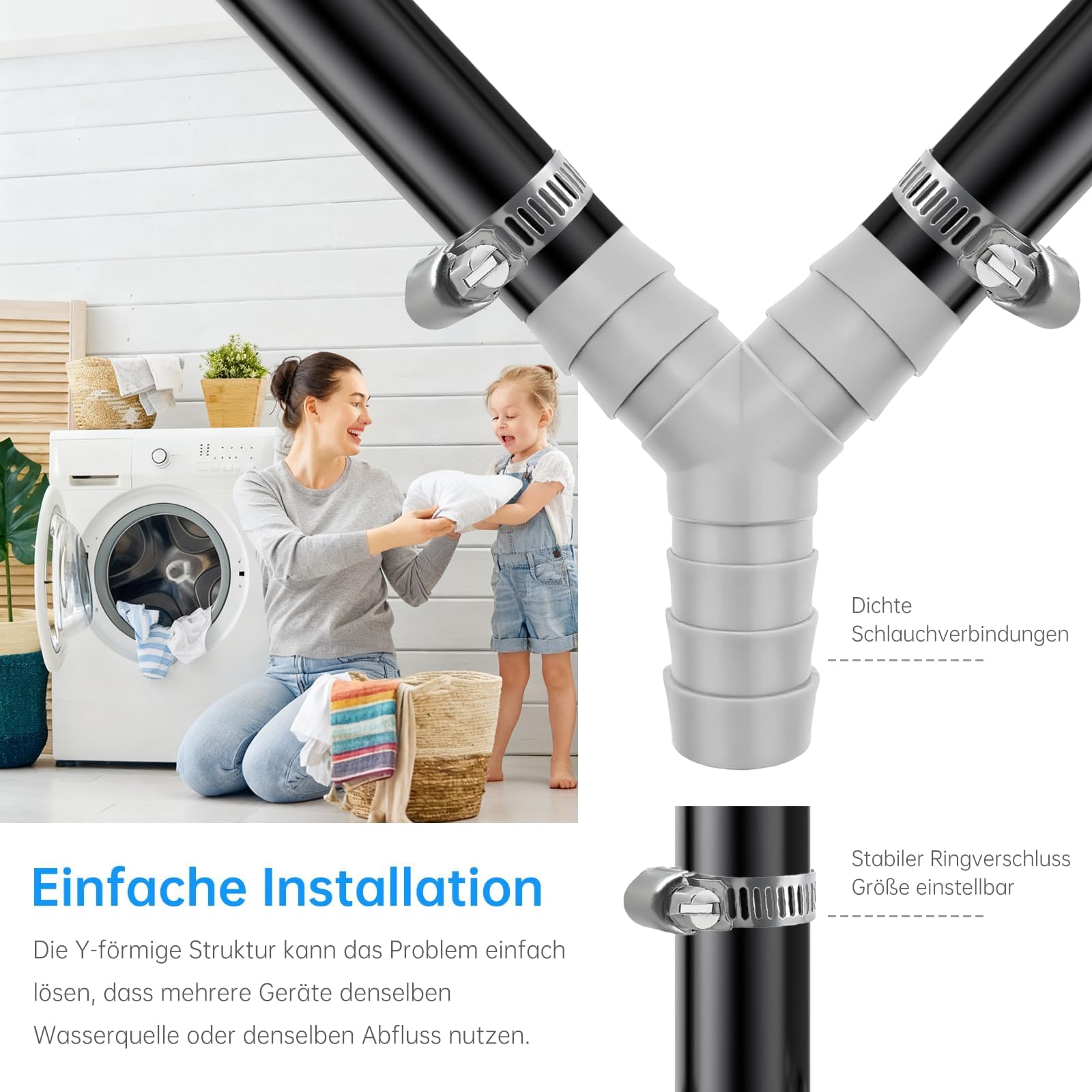 3-drożny rozdzielacz Y do węży odpływowych, złączka do węża odpływowego 20 mm, rozdzielacz odpływu, adapter do pralki i zmywarki, przyłącze do odpływu z 3 opaskami, idealny do kuchni i łazienki(szary)