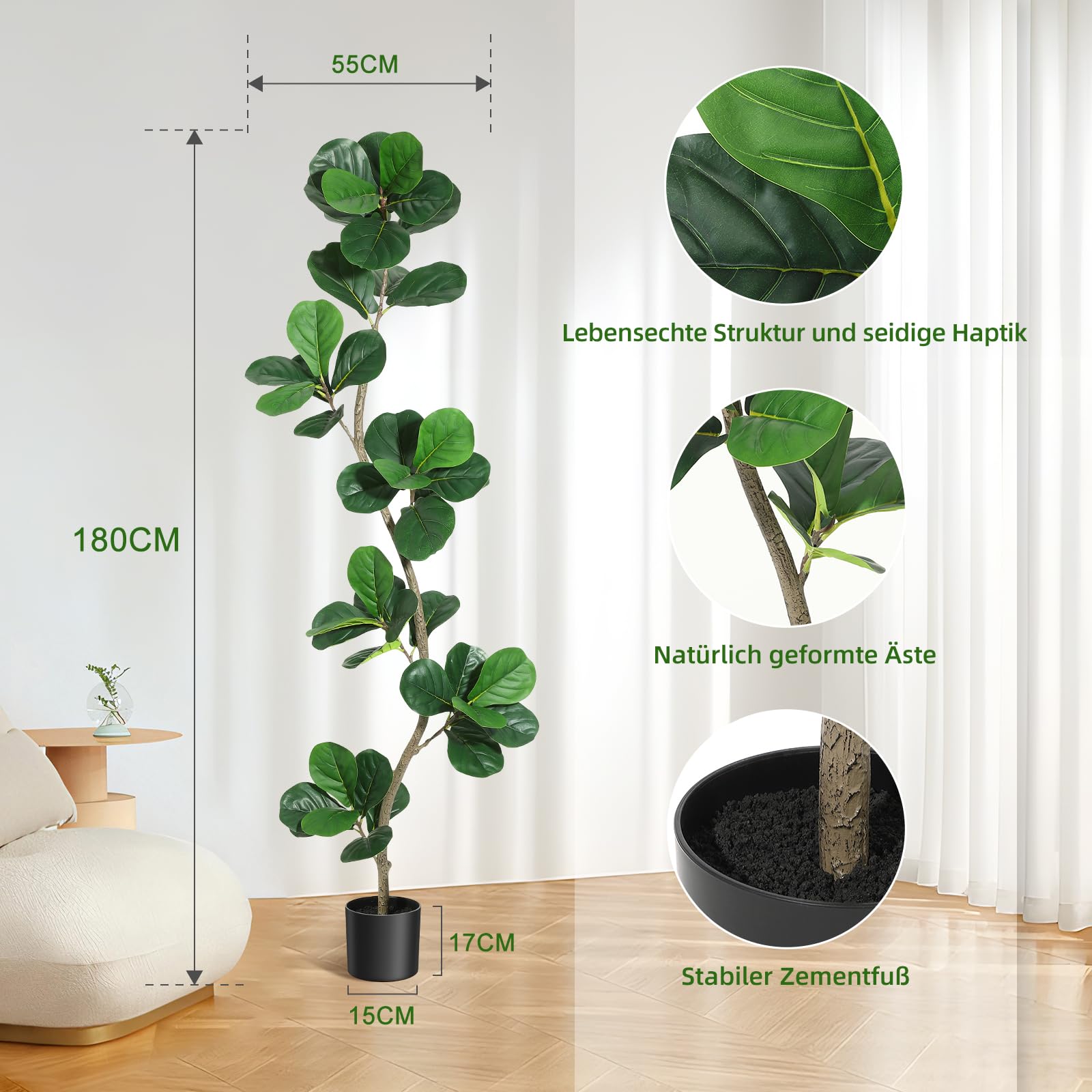 London Boutique Pianta Ficus Lyrata Artificiale Realistica – Albero Decorativo con Vaso Nero, Foglie Naturali, Ideale per Casa, Ufficio, Interni ed Esterni, Regalo Inaugurazione – 42 Foglie – Altezza