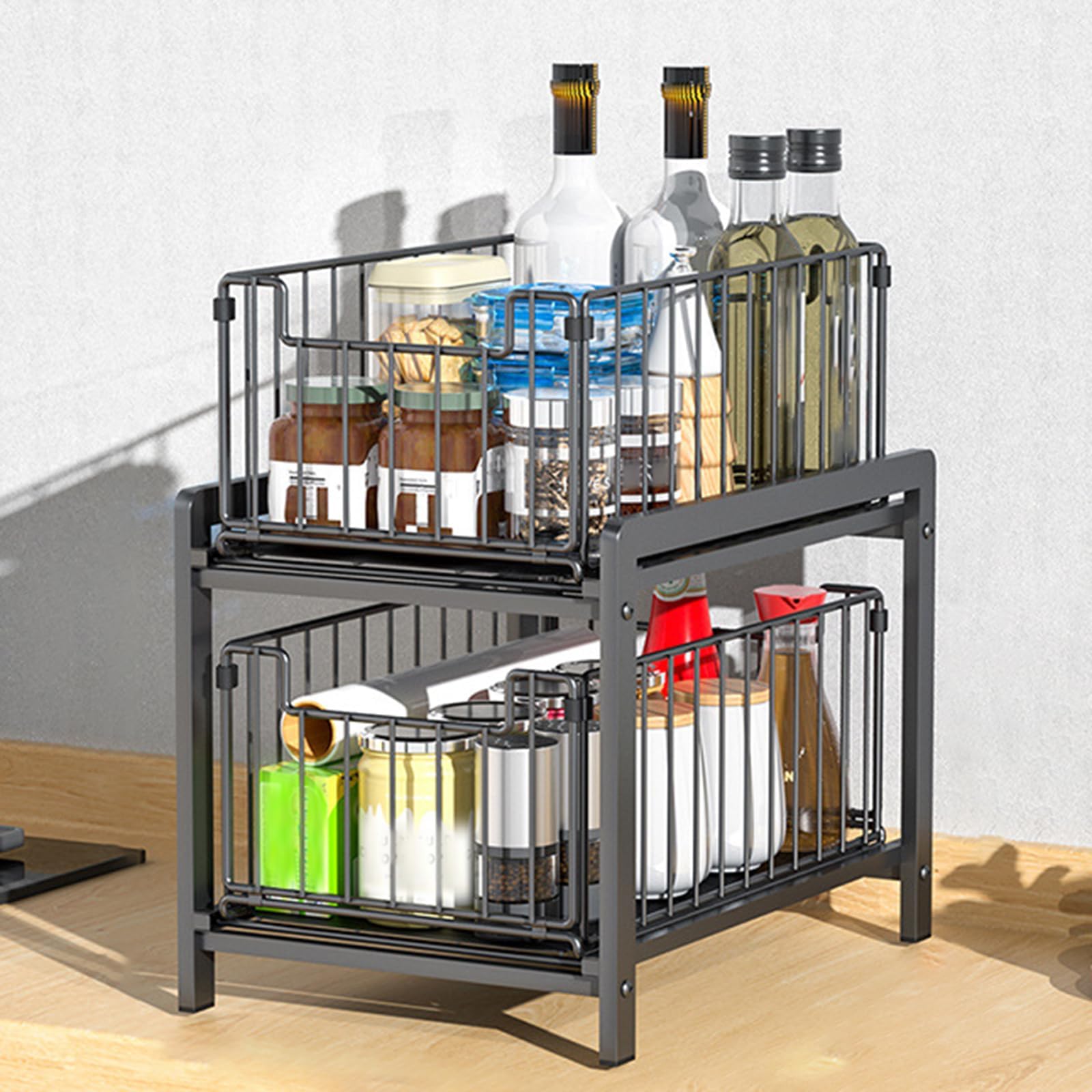 Under Sink Rack,Under Sink Organiser Kitchen Storage,Sliding Kitchen Storage Rack,Easy Cleaning,Simple And Stylish,Suitable For Bathroom Countertops And Laundry Rooms