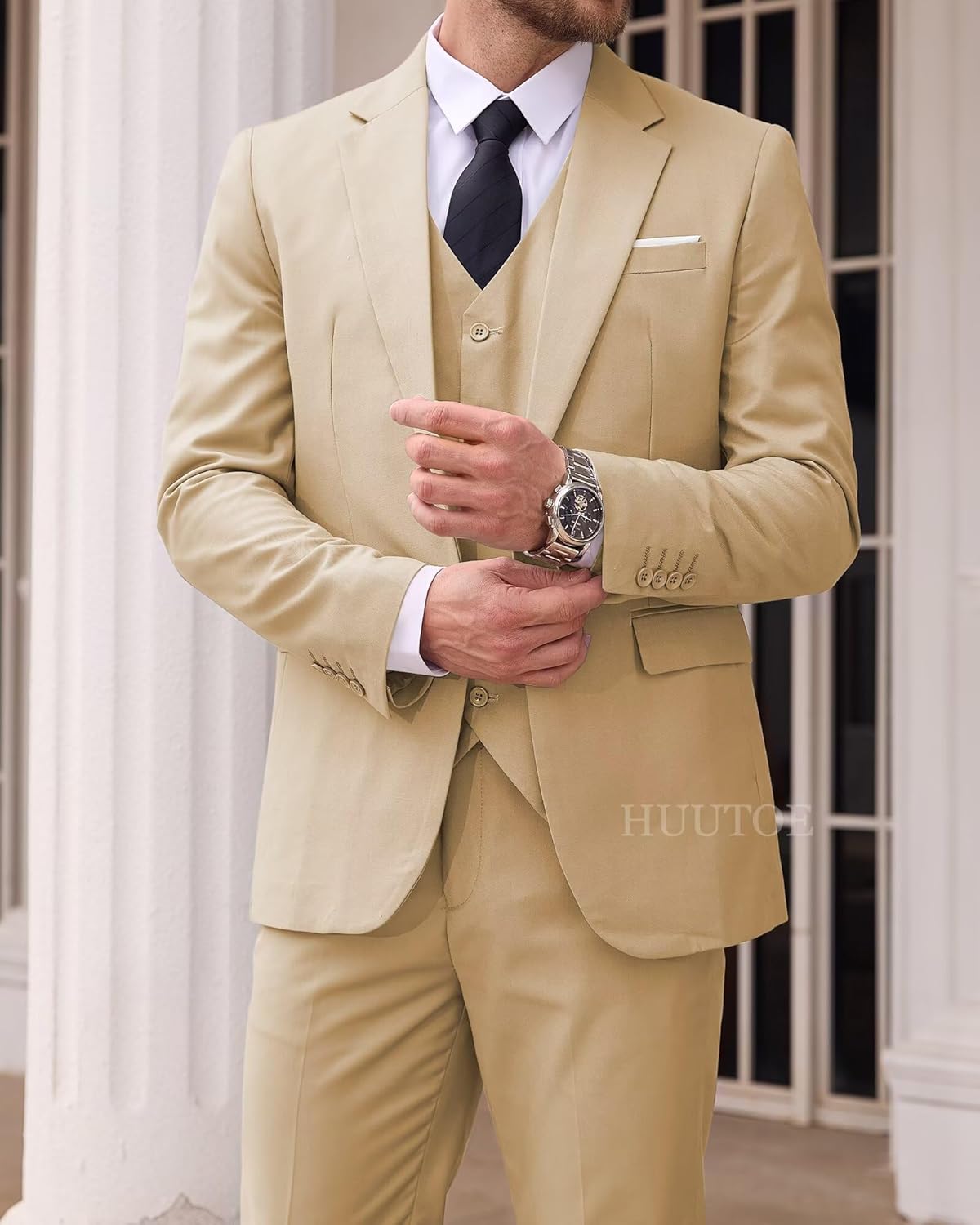 HUUTOE Men's 3 Piece Suits Slim Fit, Wedding Groomsmen Prom Business Suit, One Button Blazer Jacket Vest and Pants Tuxedo Set - Image 3