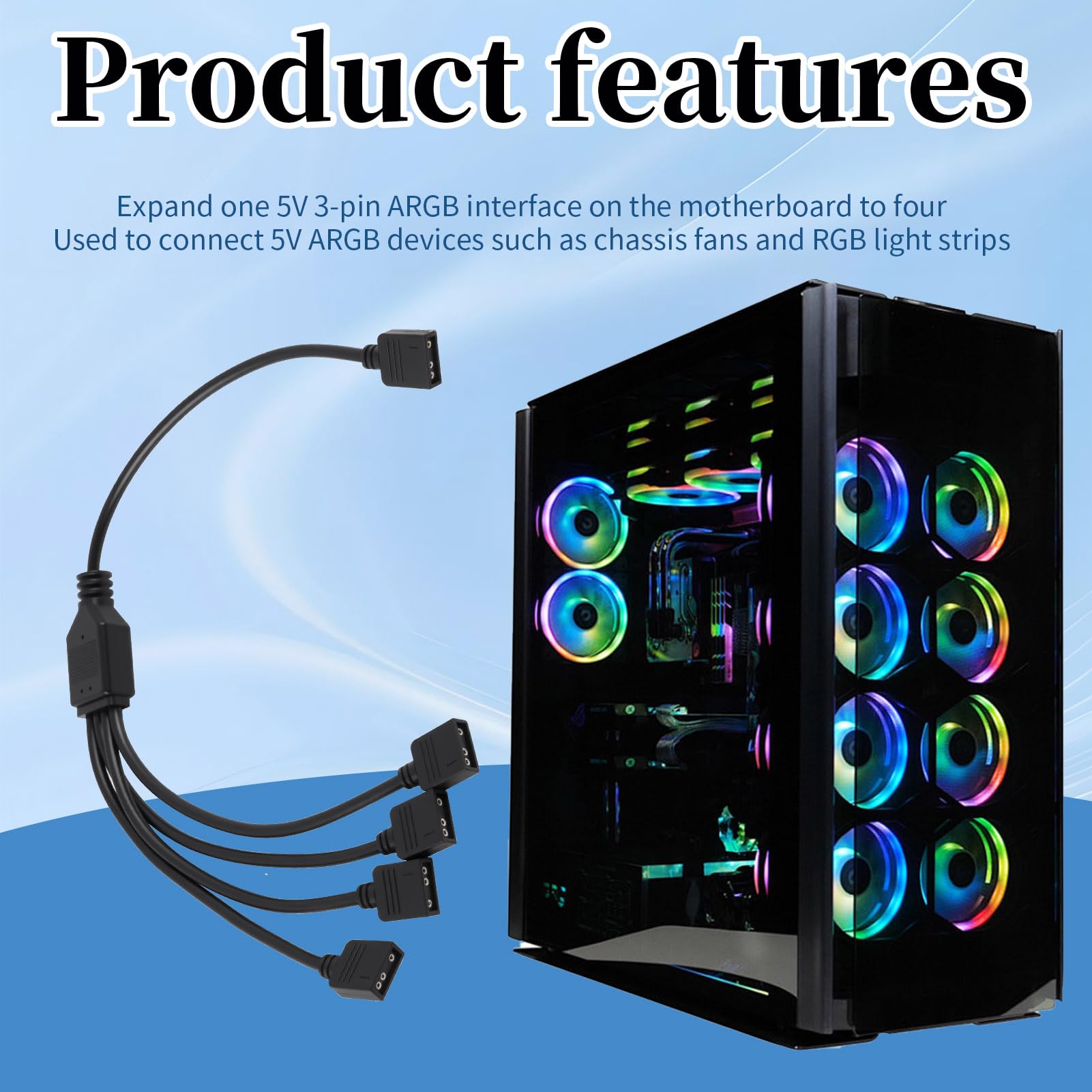 2 Pièces Câble Répartiteur ARGB 5V 3 Pin 1 vers 4, 30 cm Hub ARGB Adaptateur RGB, Connecteurs Mâles, Compatible Cartes Mères ASUS MSI Gigabyte, Extension pour Ventilateurs LED Adressables et Bandes
