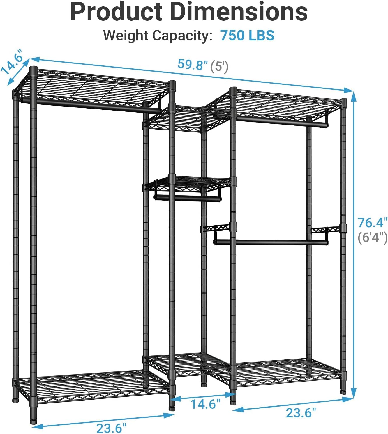 VIPEK Classic V6 Medium Heavy Duty Clothes Rack, 7-Tier Garment Rack with Adjustable Shelves, Portable Closet with 4 Hanging Rods, Space-Saving, 750lbs Capacity, 59.8" L x 14.6" W x 76.4" H, Black