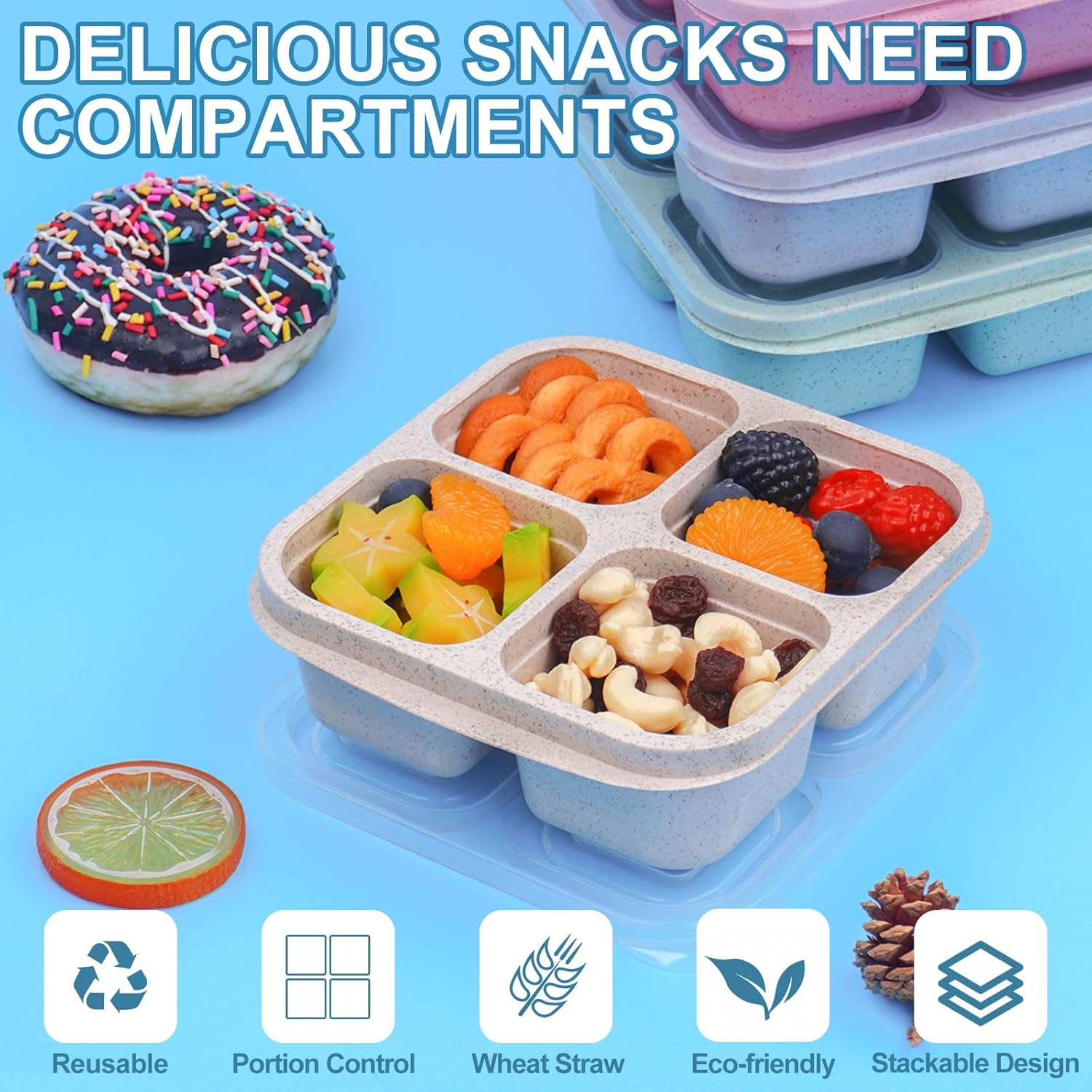 4 Compartments Snack Containers, 20 Pack Reusable Meal Prep Containers, BPA Free Lunch Box Container, Divided Food Storage Containers for Travel, Picnic, Microwave and Dishwasher Safe - Image 4