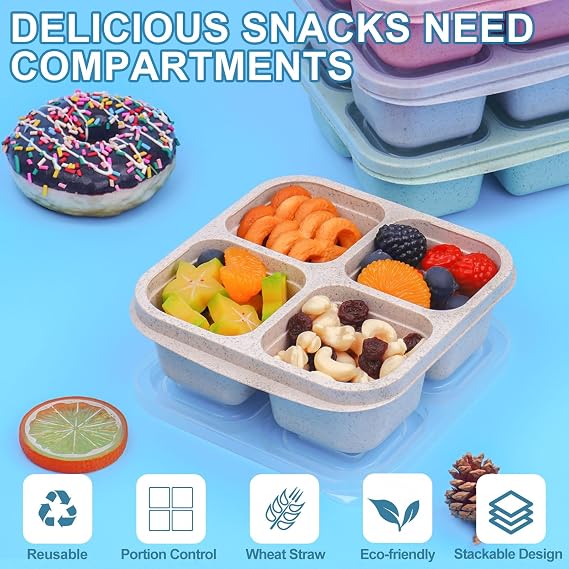 LCHLZZ Snack Box Containers 4 Pack, 4 Compartment Reusable Lunchable Snack Containers with Lids, BPA-Free, Microwave Dishwasher Safe, Stackable Bento Snack Boxes for Work, Travel
