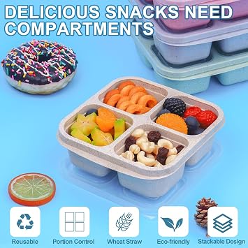 LCHLZZ Snack Box Containers 4 Pack, 4 Compartment Reusable Lunchable Snack Containers with Lids, BPA-Free, Microwave Dishwasher Safe, Stackable Bento Snack Boxes for Work, Travel