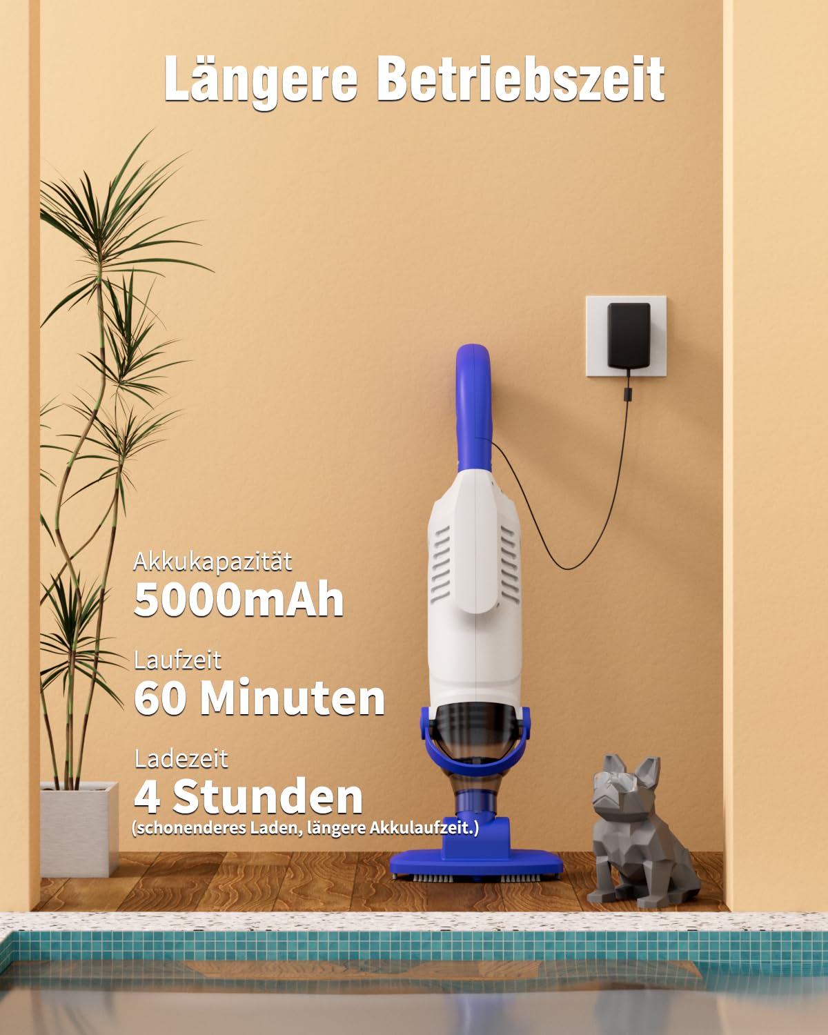 Little Shark Akku-Poolstaubsauger für Aufstellpools und Whirlpools, 60-W-Motor, Starke Saugleistung von 18 GPM, kompakter, 5000-mAh-Akku, 60 Minuten Laufzeit (weiß)