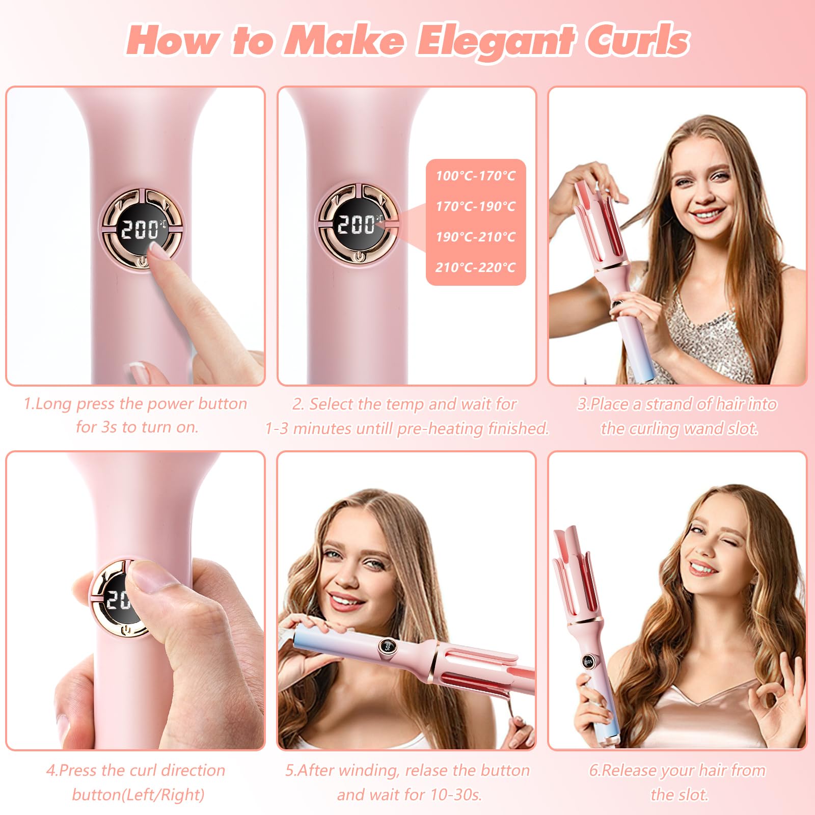 Circle Ferro Arricciacapelli Automatico Victop 32mm Automatico Bacchetta Arricciacapelli Anti-groviglio Ceramica Rotante a 360° Bigodini con 13 Temperature per Capelli Lunghi Styling Ricci (Rosa)