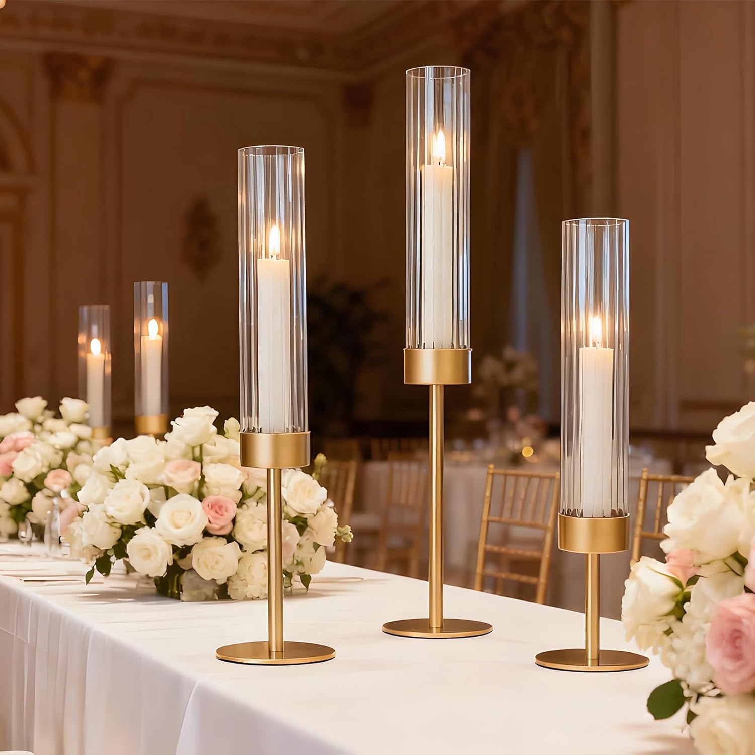 Garvee Gold Hurricane Candle Holders Set of 3, Taper Candlestick Holders with Ribbed Glass Cylinder Sleeves, Elegant Table Centerpiece for Wedding, Birthday, Christmas, Home Decor