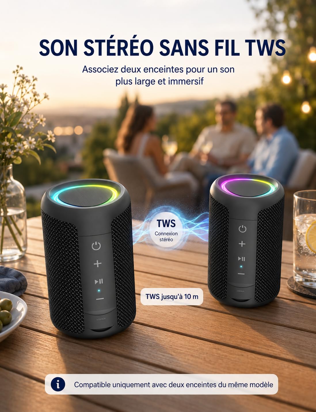 Enceinte Bluetooth Portable 15W Bluetooth 5.3 15H Autonomie Mini Haut-Parleur sans Fil TWS IPX5 Étanche