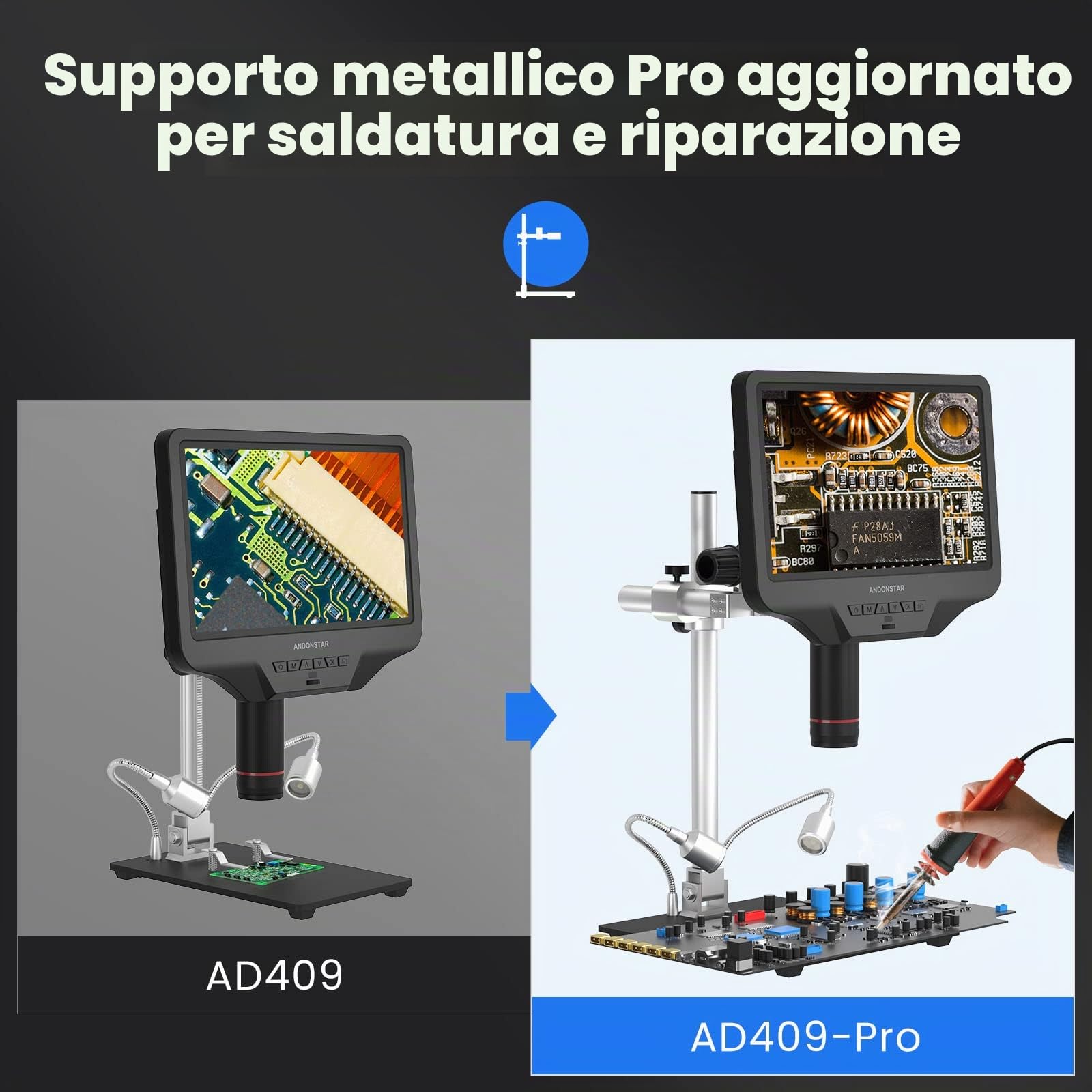 Andonstar AD409 - Microscopio digitale Pro HDMI, microscopio per saldatura da 10,1", microscopio elettronico USB 300X per saldatura PCB professionale, circuito stampato, supporta PC Windows