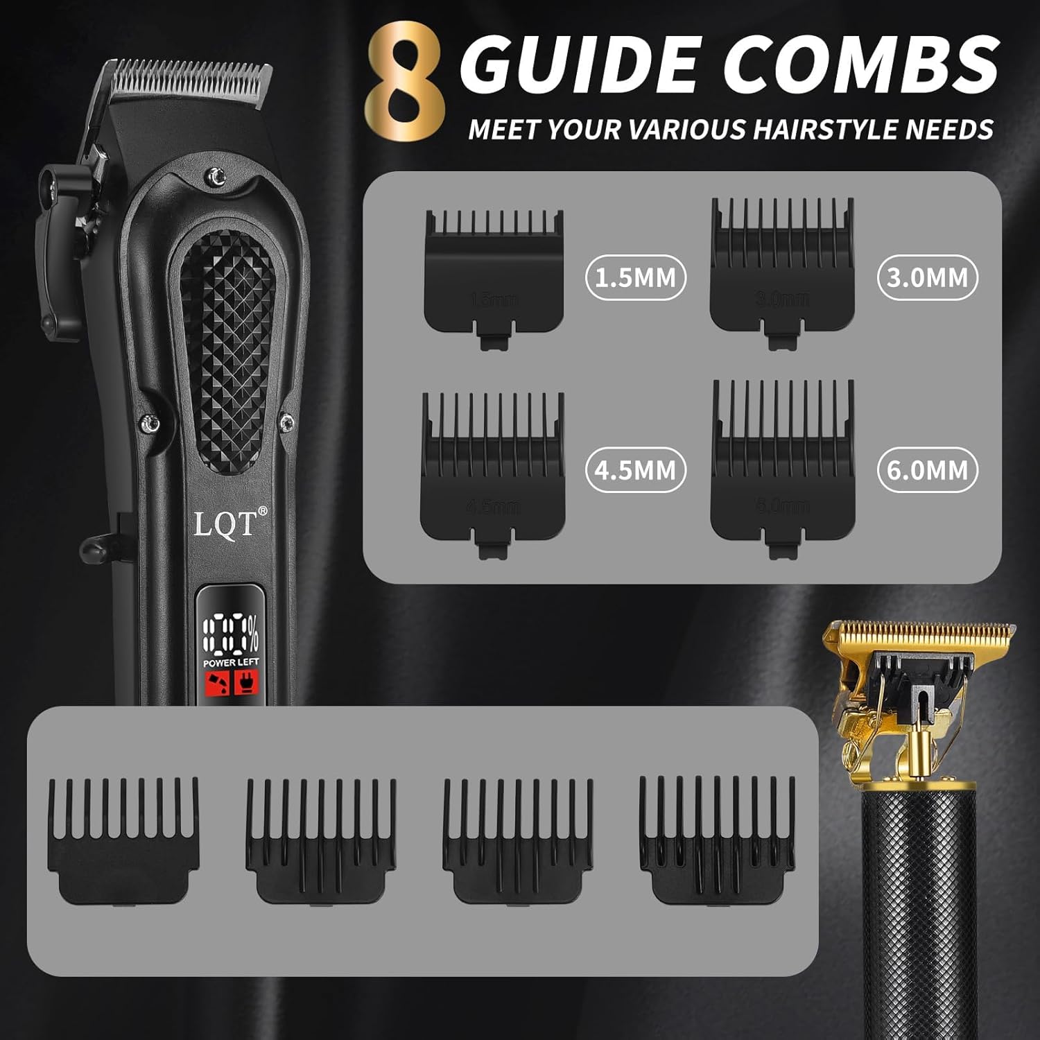 LQT® Men's Professional Hair Clippers Kit，Cordless & Corded Barber Clippers Set，Grooming Rechargeable Beard Trimmer with Adjustable Blade Black - Image 2