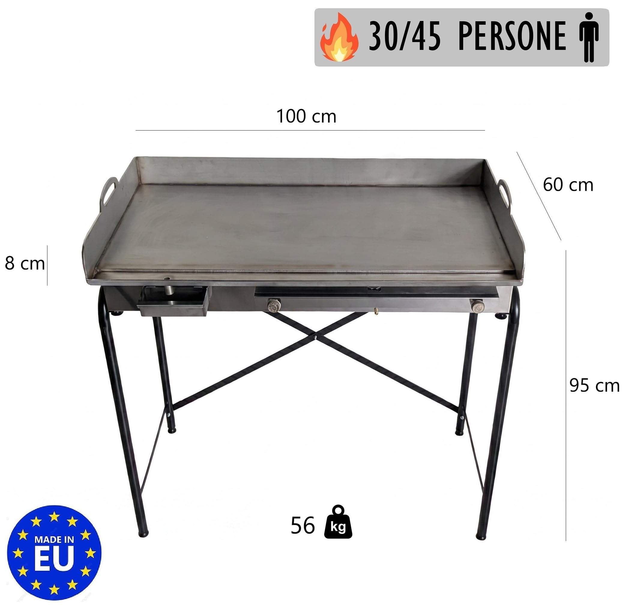 Yelloo - Parrilla Inoxline 1000 100x60 cm con placa lisa de acero inoxidable AISI430, BBQ barbacoa de gas con dos quemadores