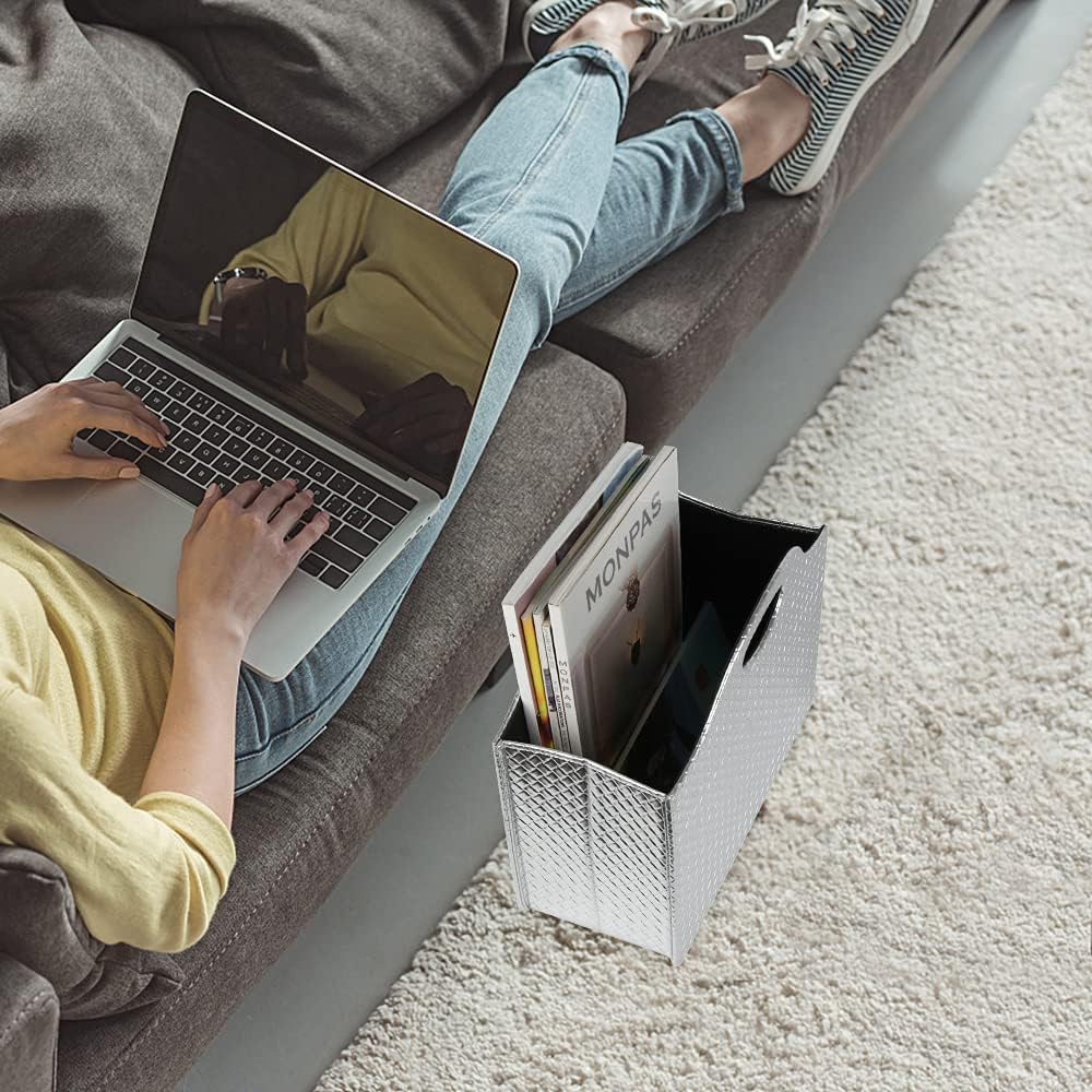 HofferRuffer Magazine Basket Holder, Foldable Magazine Rack, Document File Holder Organizer, File Folder, Newspaper Storage Bin Organizer for Home or Office (Silver)