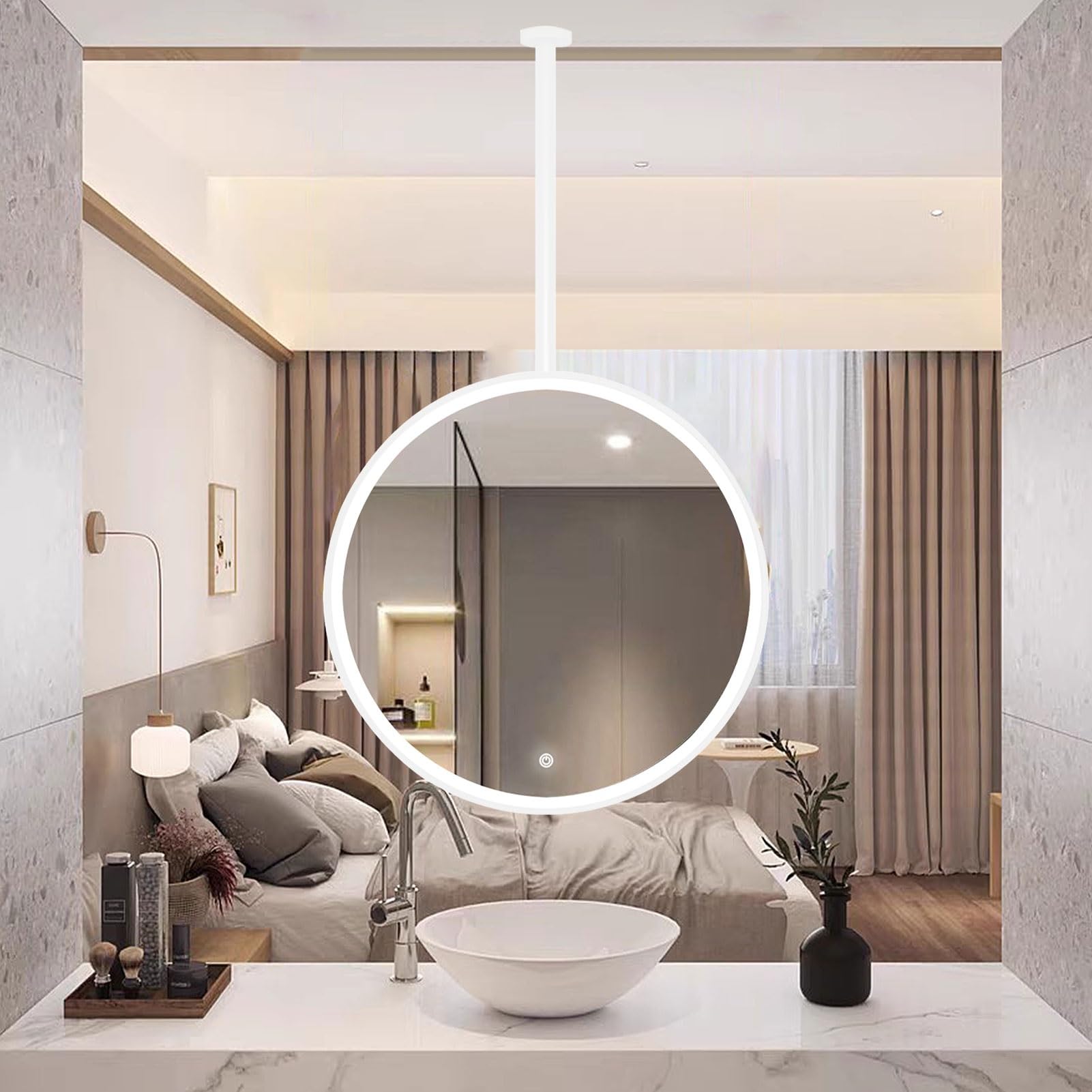 Miroir suspendu lumineux blanc 70 cm pour éclairer une salle de bain sombre