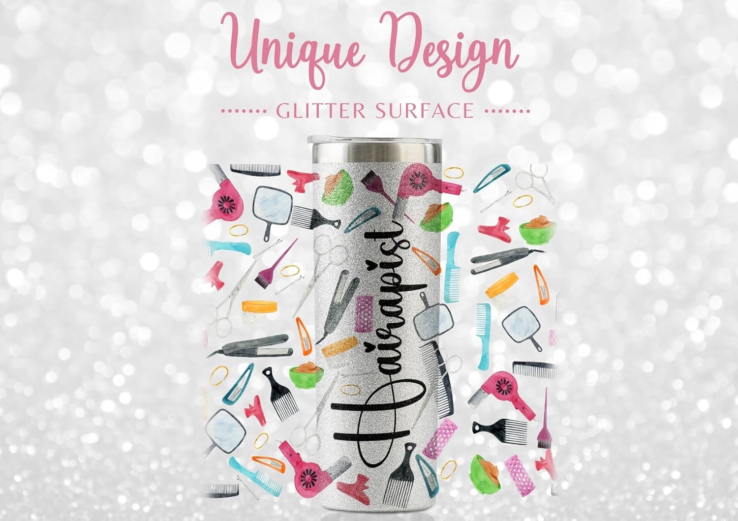 Onebttl Hair Stylist Gifts, Hairdresser Gifts for Women, Female, Her - Hairapist Love is in the Hair - 20oz/590ml Stainless Steel Insulated Tumbler with Straw & Lid - Glitter - Image 3