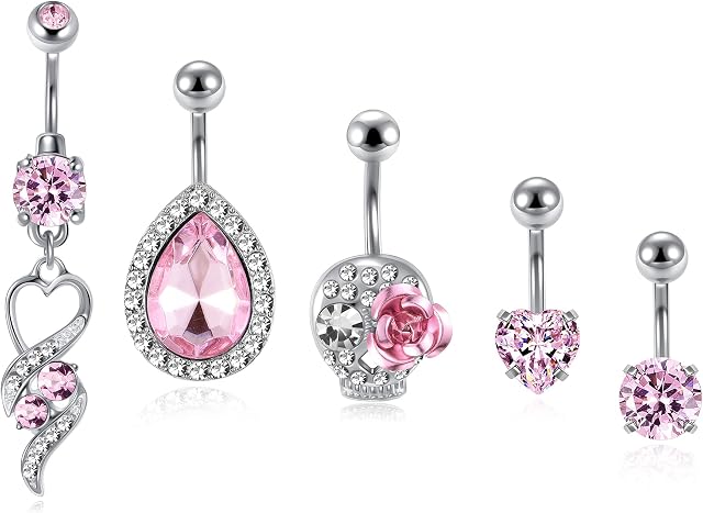 JSDDE 5pcs 14G Pink Belly Bars Belly Button Rings Stainless Steel Navel Dangle Bar Body Piercing Jewelry