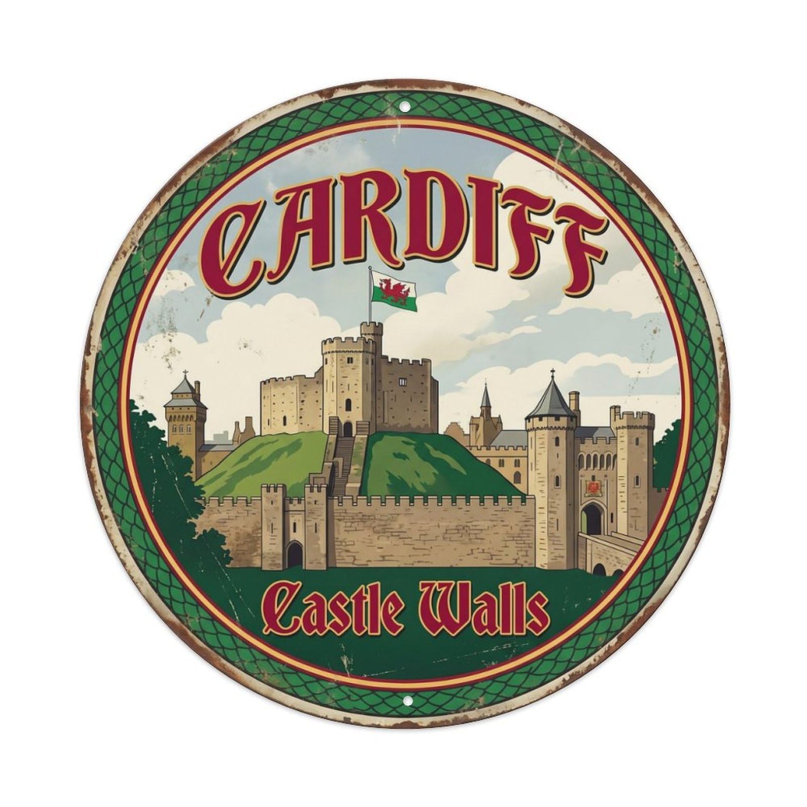 Vintage Travel Cardiff Fortress Wales Metal Tin Sign Plaque Wall Decor for Cafe, Club, Garden Round Metal Poster 8x8Inch