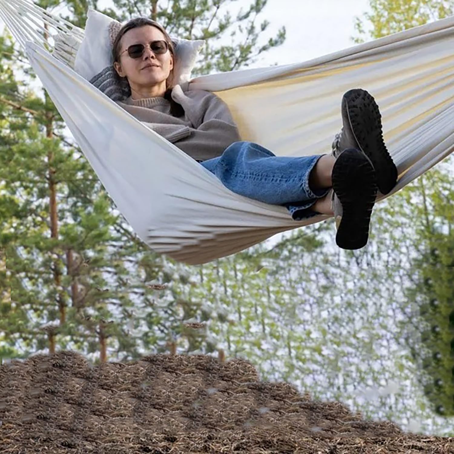 Amaca Singola Da Esterno Appendere Lounger - Beige, 1 Pezzo, per Terrazza, Balcone, Giardino e Campeggio All'aperto, con Borsa di Stoccaggio Amache, Cinghie Moschettoni
