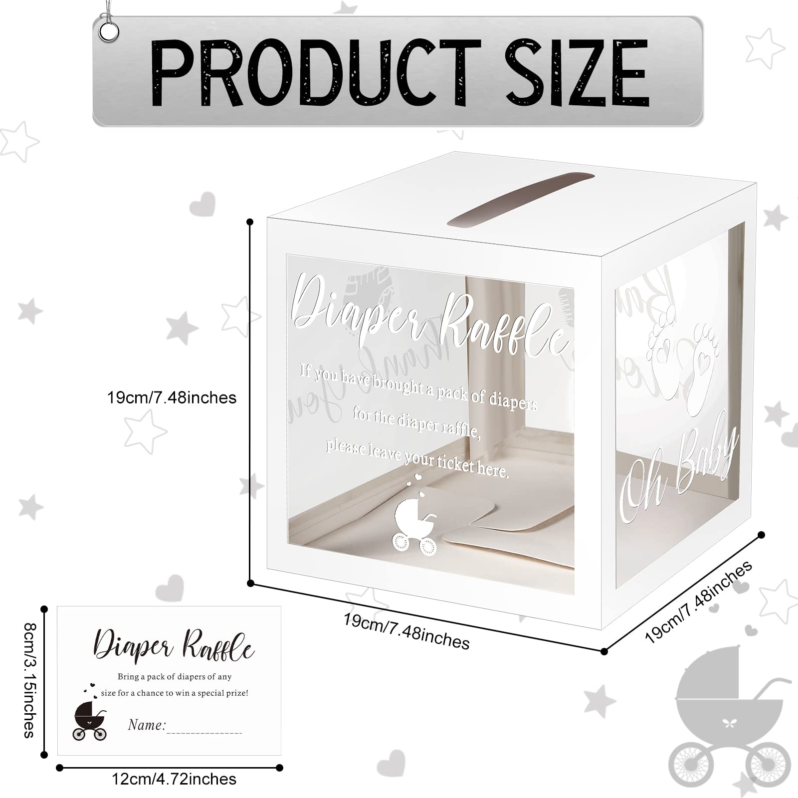 Funrous 50 Diaper Raffle Tickets with Box for Baby Shower Game Invitations Diaper Raffle Card for Gender Reveal Baby Shower Party Decoration Table Centerpiece(Clear White)