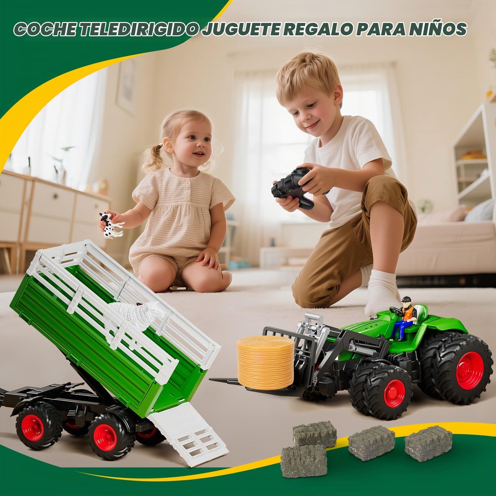 RC Tractor Juguete con Remolque, 2,4 GHz Tractor Teledirigido, de Granja Vehículos con Horquilla Elevadora, Luz, Vaca, Oveja y Frdo de Heno, Granja de Juguete Regalo 3 4 5 6 7 8 Años