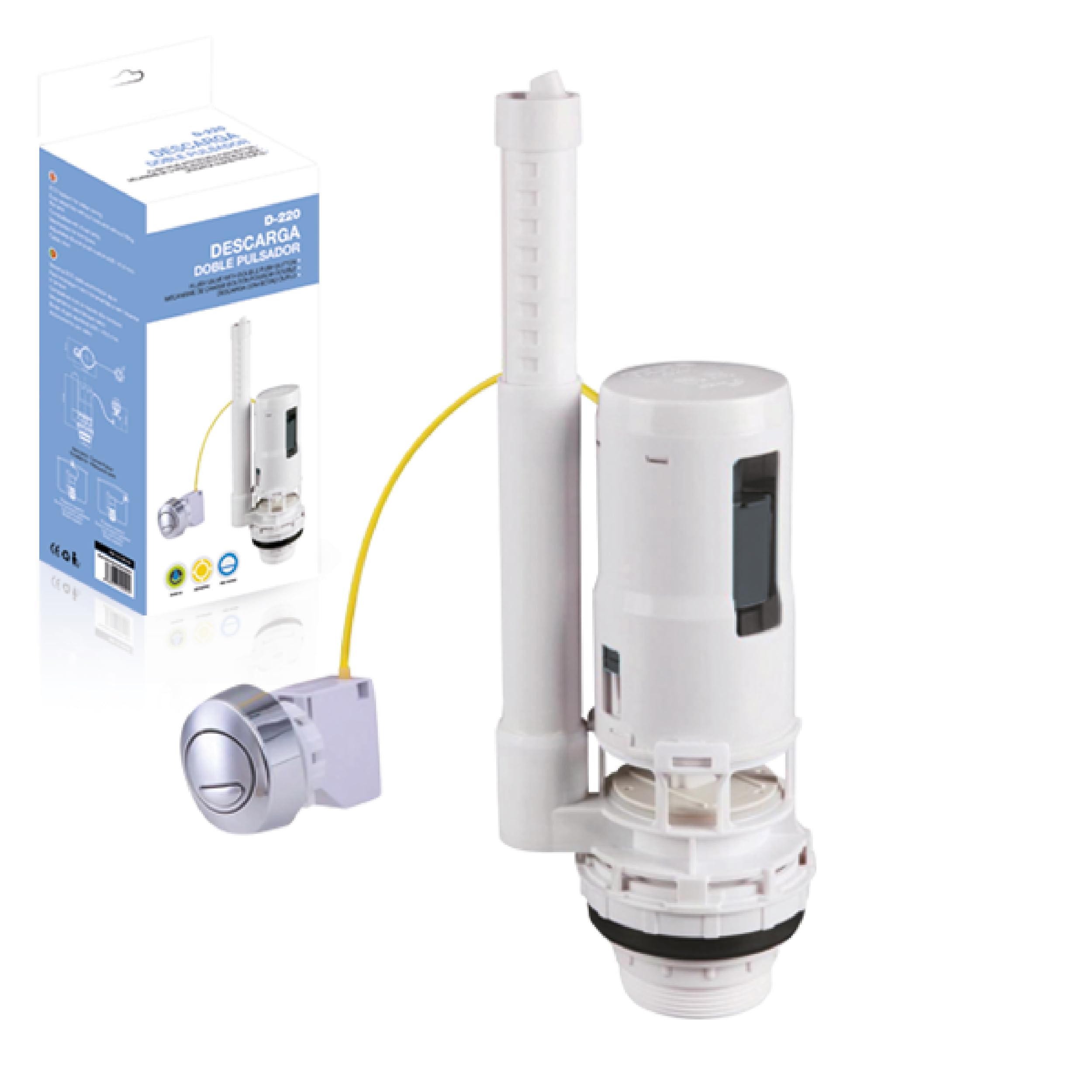Mecanismo Cisterna WC Doble Pulsador con Cable D-220 – Válvula Descarga Universal Eco, Regulación Parcial y Total, Altura Ajustable, Compatible Pulsador Superior o Lateral