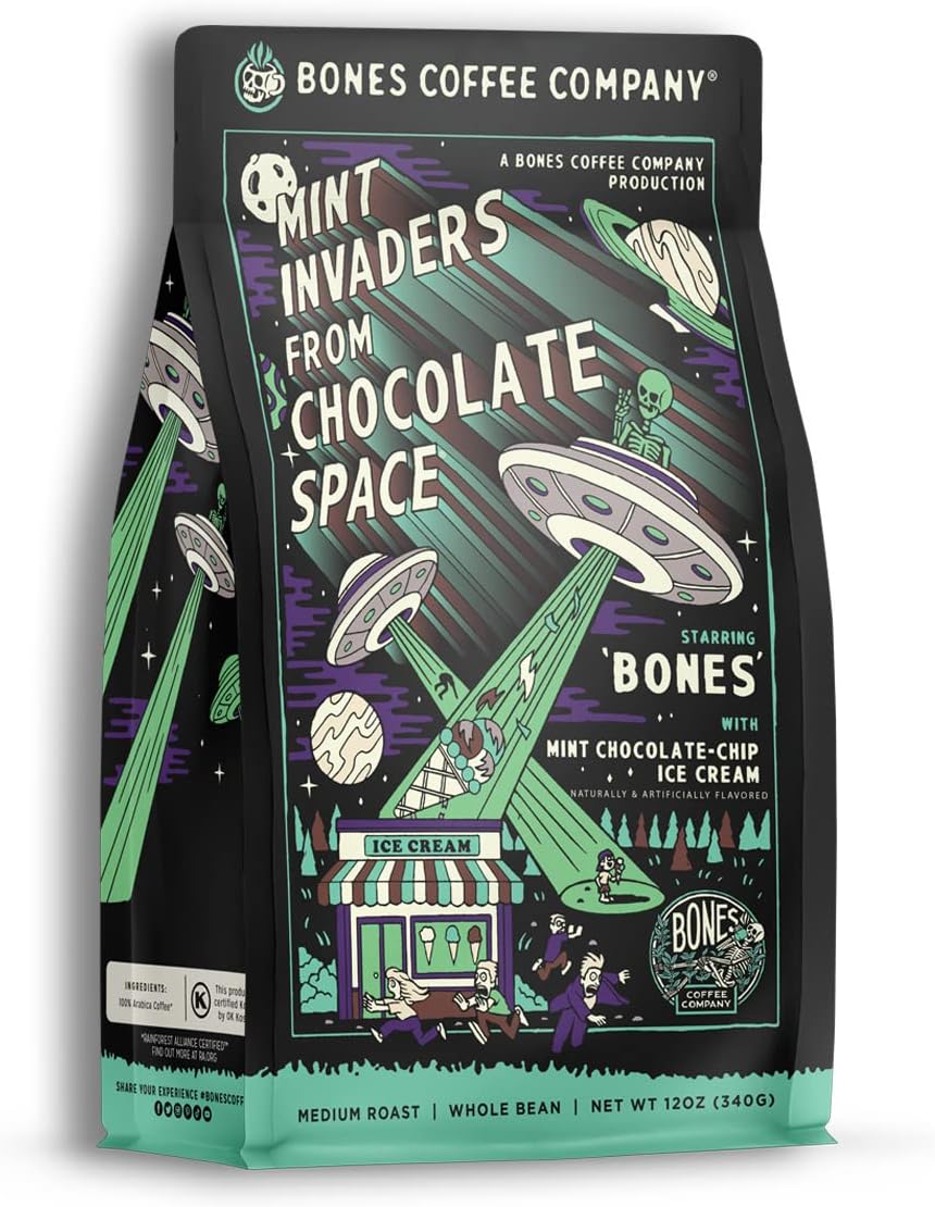 Bones Coffee Company Mint Invaders, Mint Chocolate Chip Flavored Coffee, Medium Roast Low Acid Arabica Beans Compatible with Auto drip and French Press Coffee Maker, 12 Oz Whole Bean